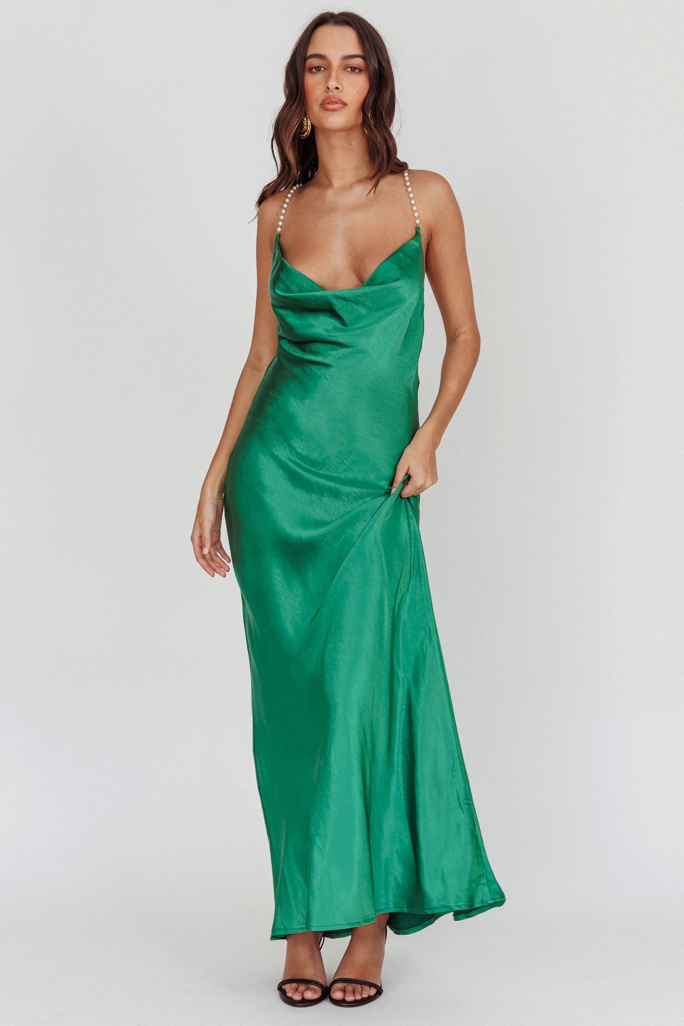Danijela Cowl Neck Pearl Satin Maxi Dress Emerald-Maymioy