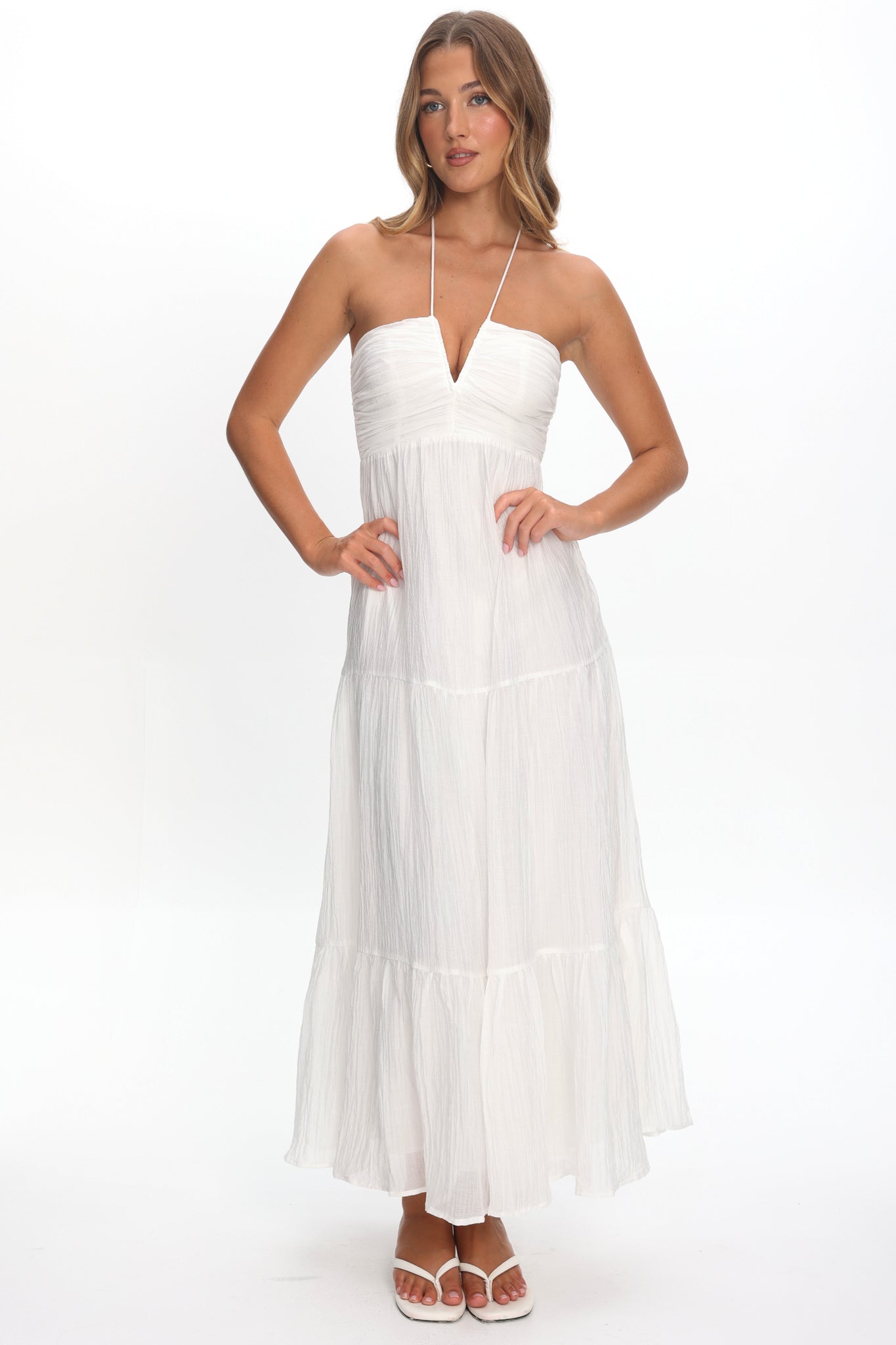 Dorelle V-Bust Halter Maxi Dress White-Maymioy