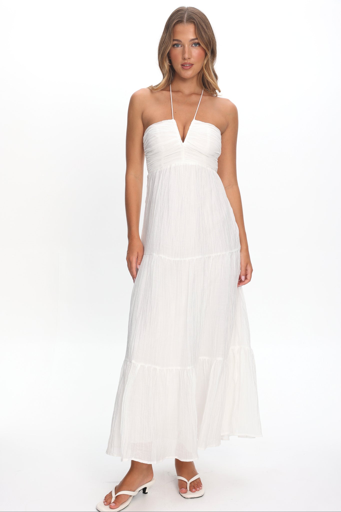 Dorelle V-Bust Halter Maxi Dress White-Maymioy