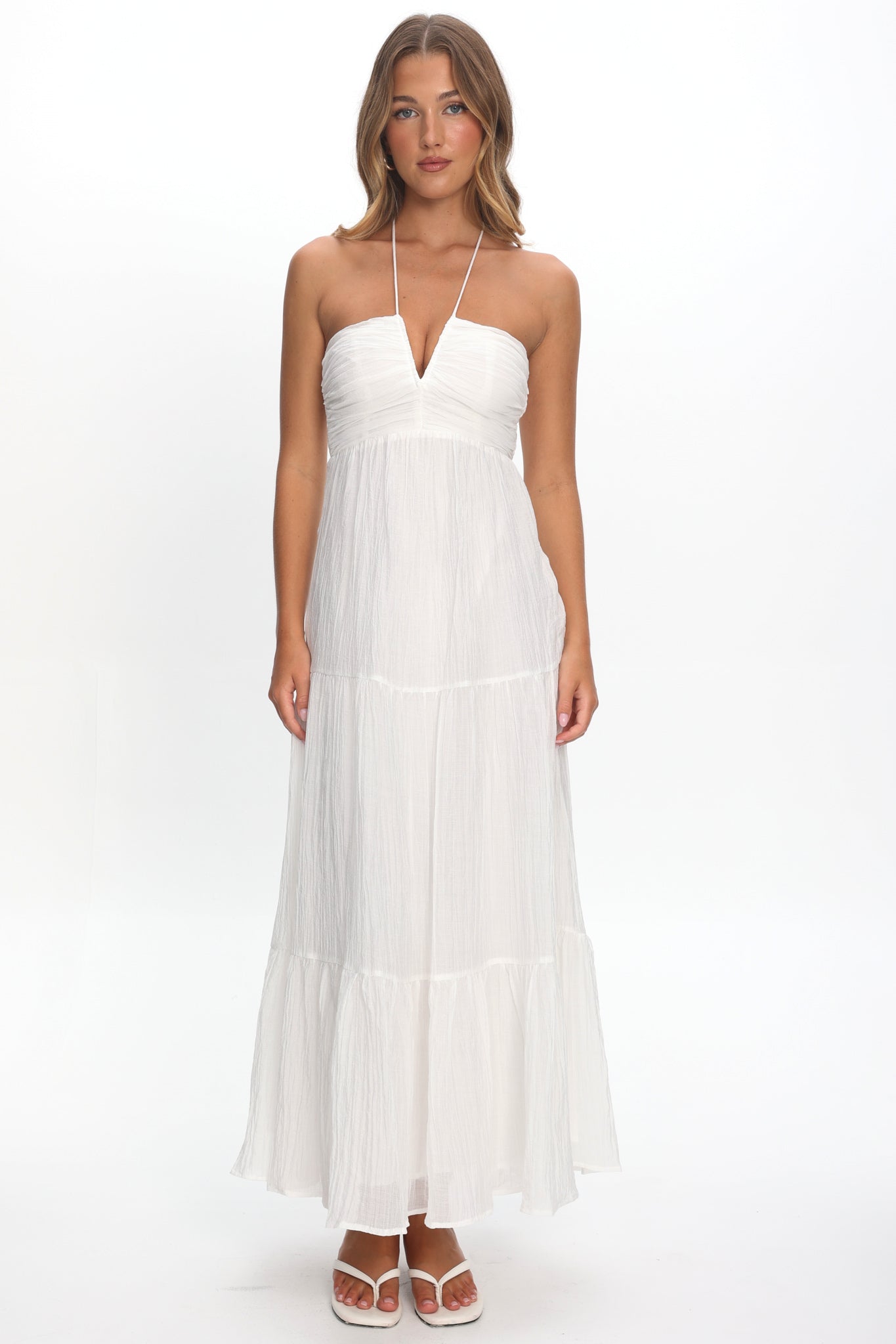 Dorelle V-Bust Halter Maxi Dress White-Maymioy