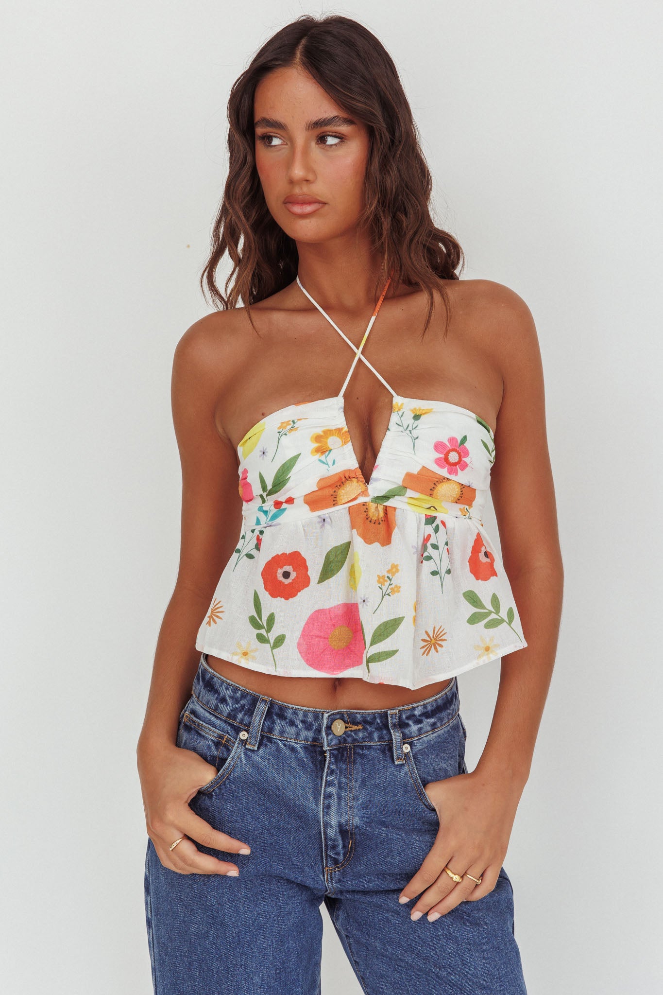 Asiah Halter Neck Top Floral White-Maymioy