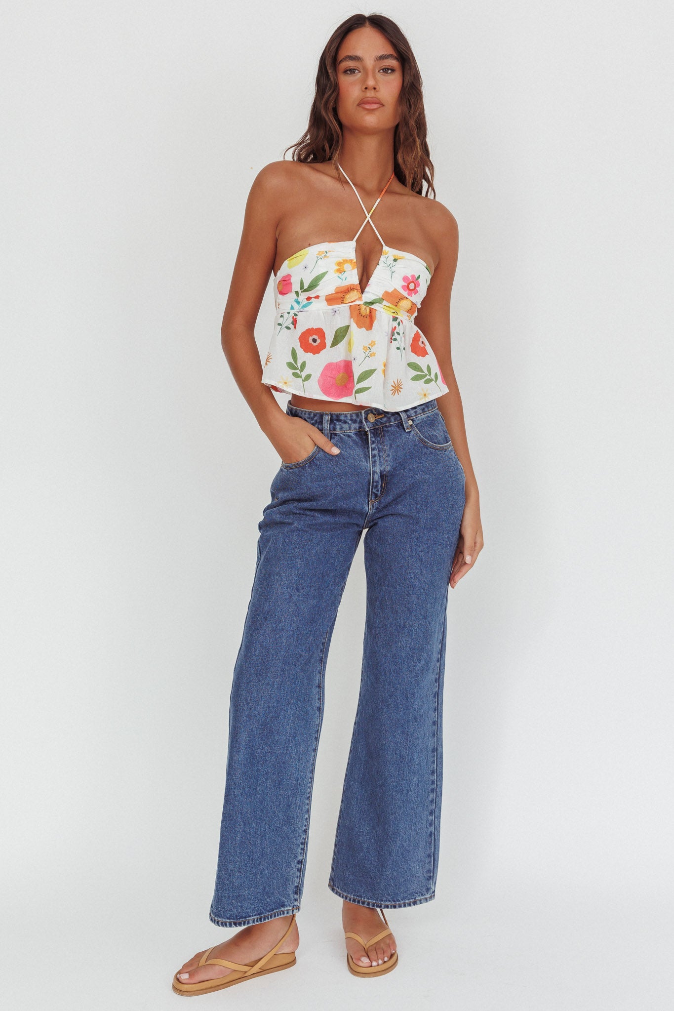 Asiah Halter Neck Top Floral White-Maymioy