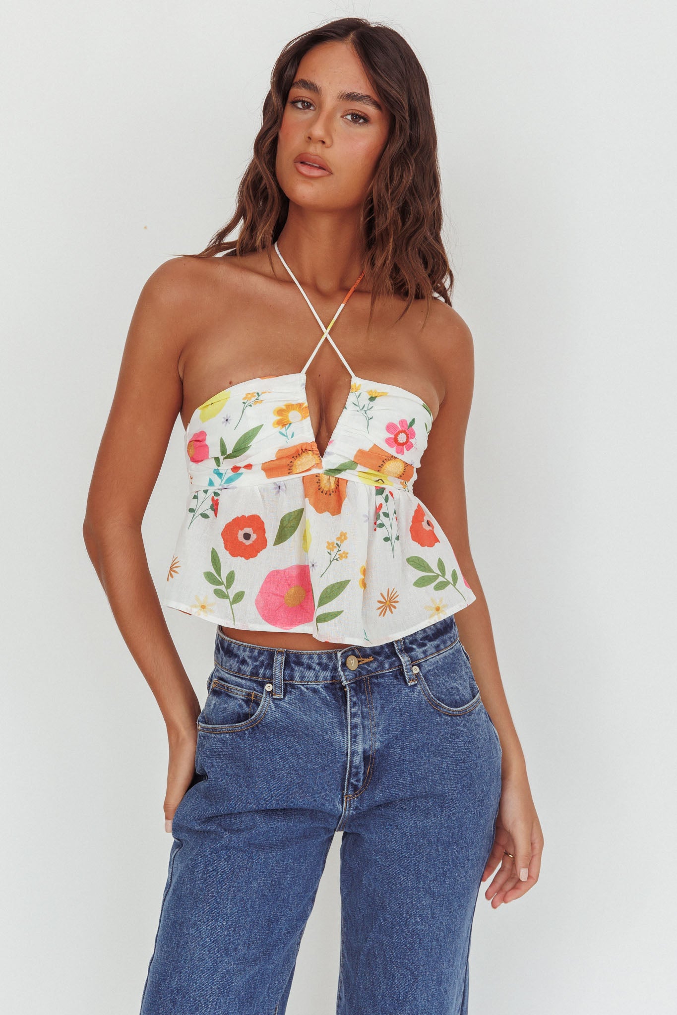 Asiah Halter Neck Top Floral White-Maymioy