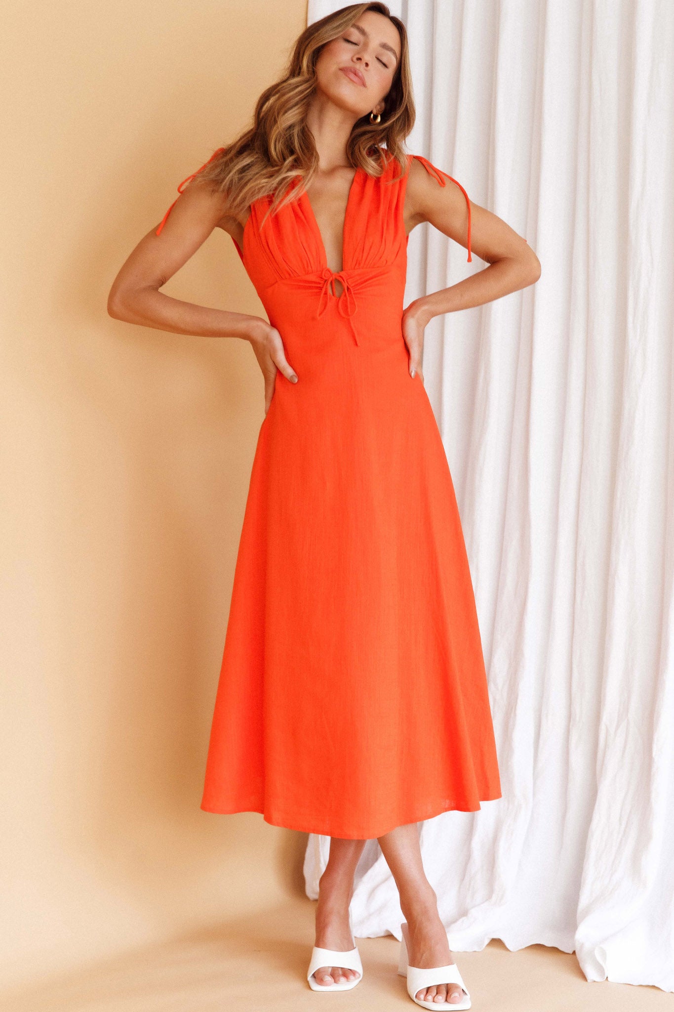 Cape Cod Drawstring Accent Midi Dress Tangerine-Maymioy