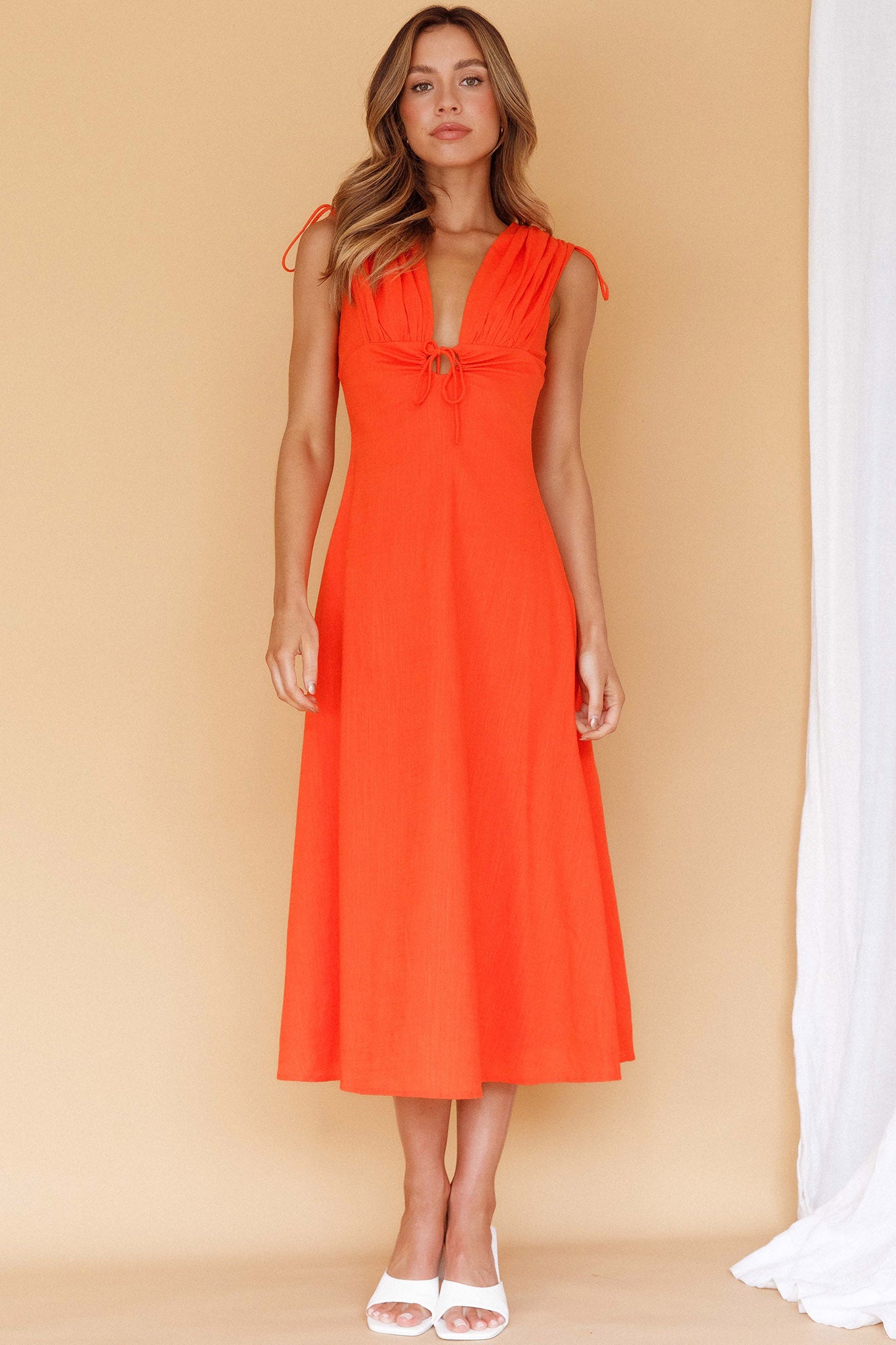 Cape Cod Drawstring Accent Midi Dress Tangerine-Maymioy