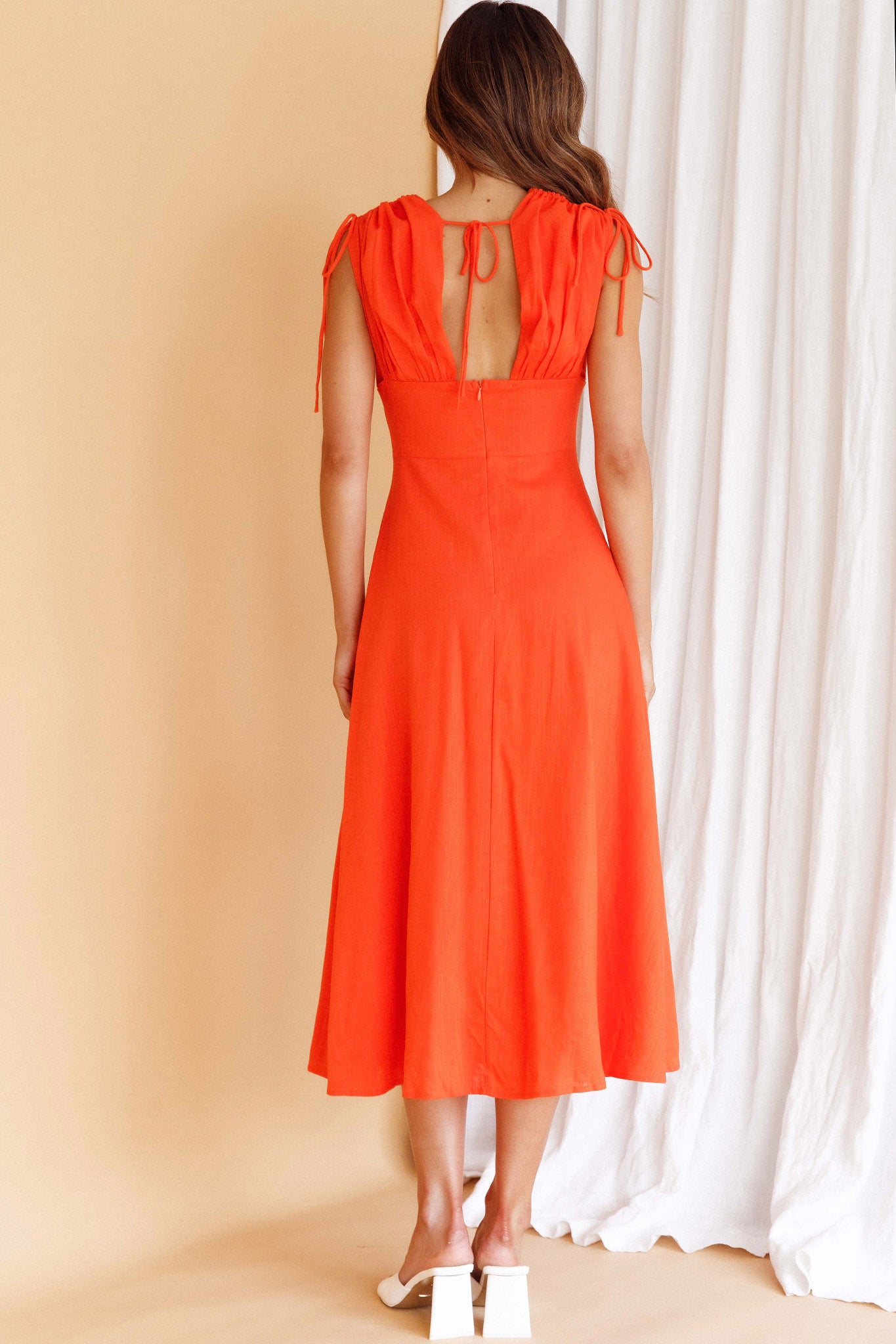 Cape Cod Drawstring Accent Midi Dress Tangerine-Maymioy