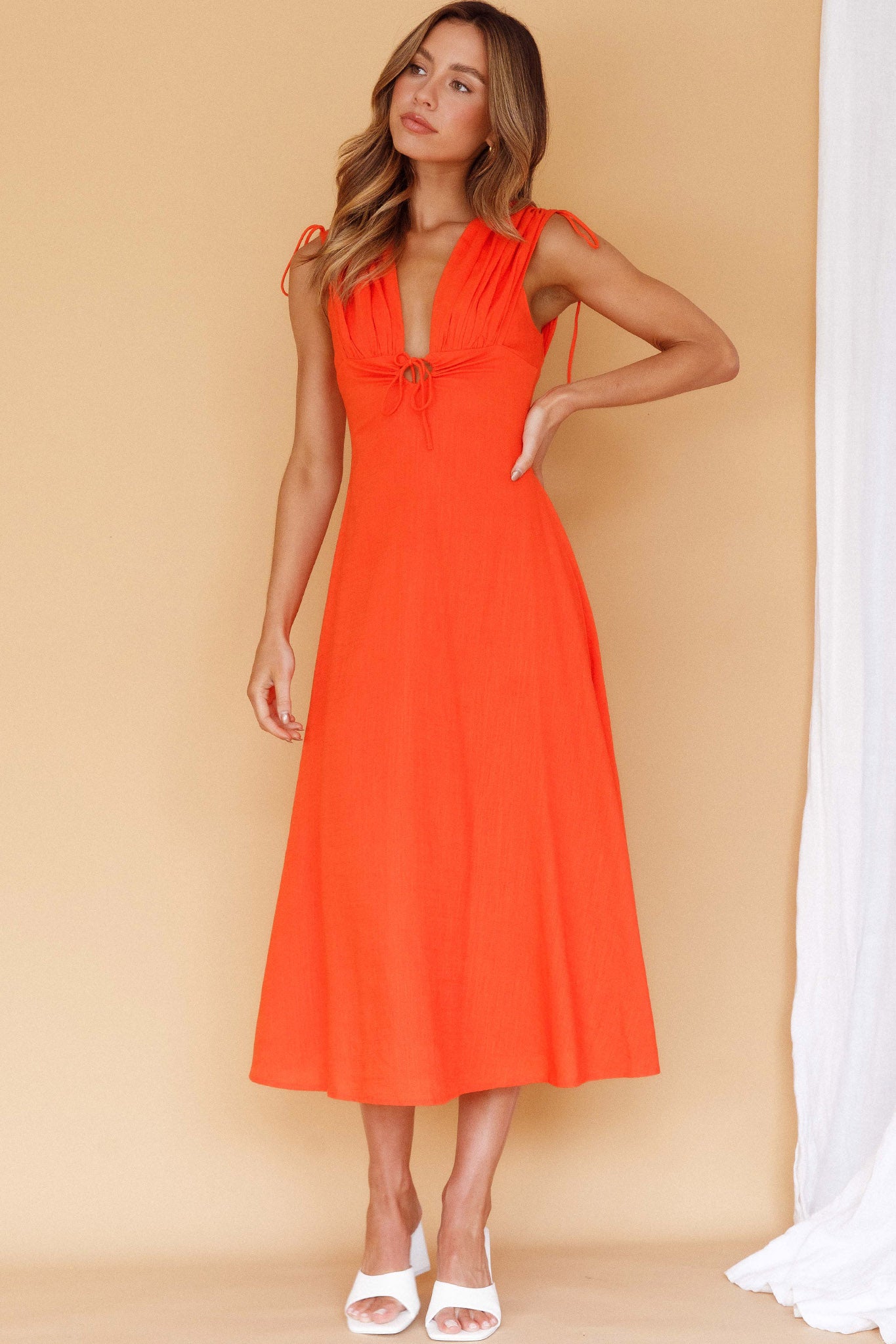 Cape Cod Drawstring Accent Midi Dress Tangerine-Maymioy