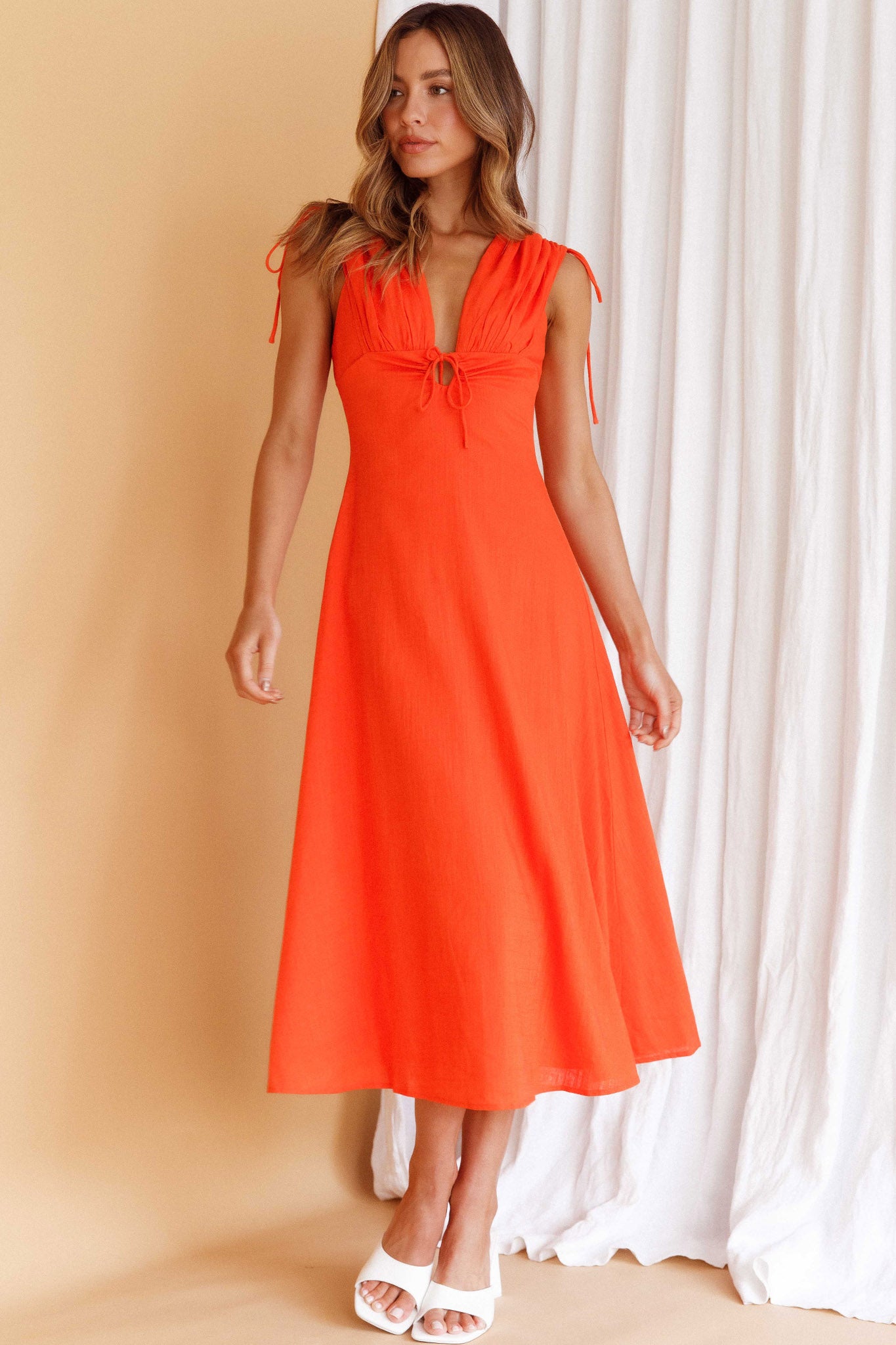 Cape Cod Drawstring Accent Midi Dress Tangerine-Maymioy