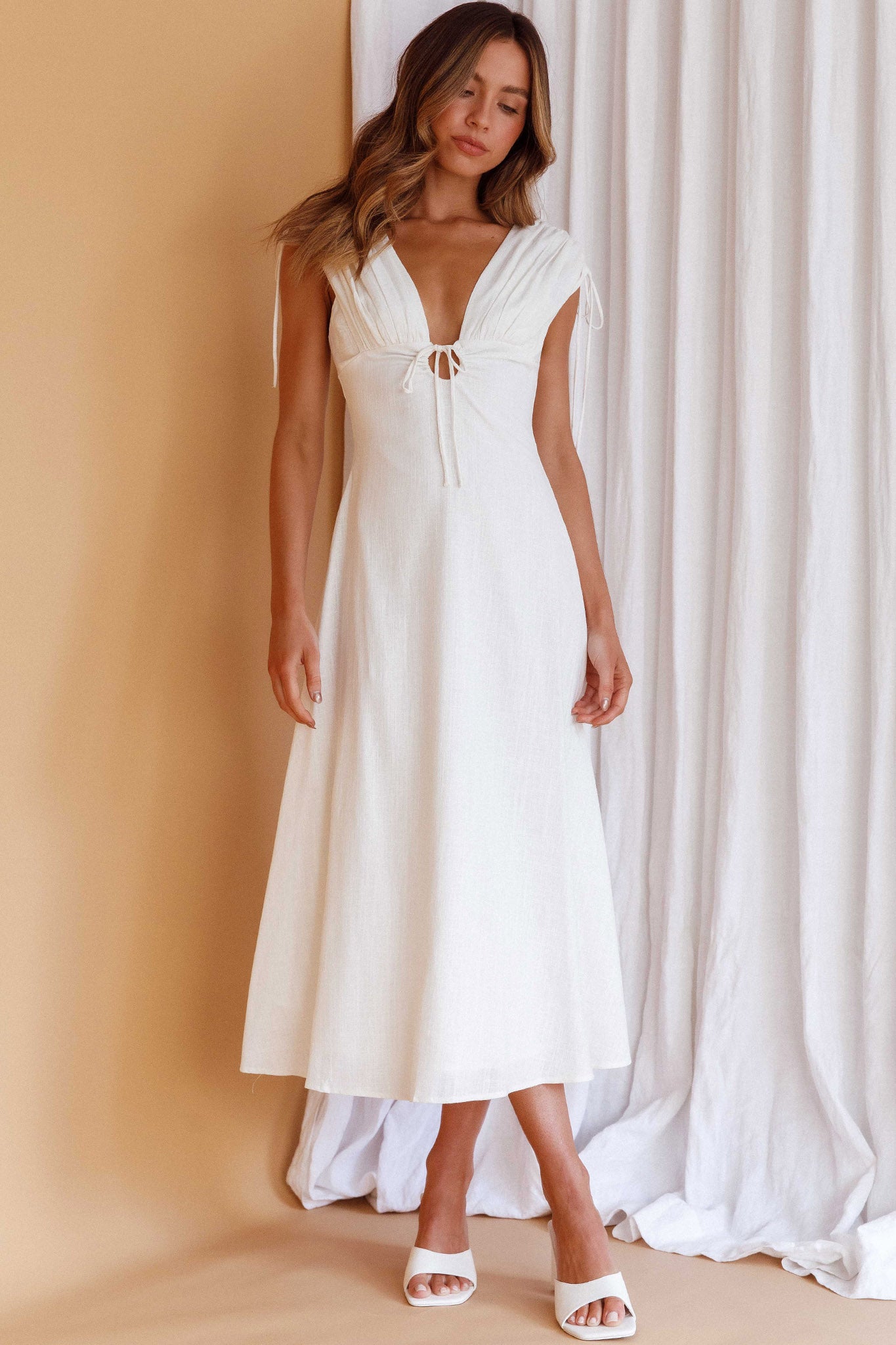 Cape Cod Drawstring Accent Midi Dress White-Maymioy