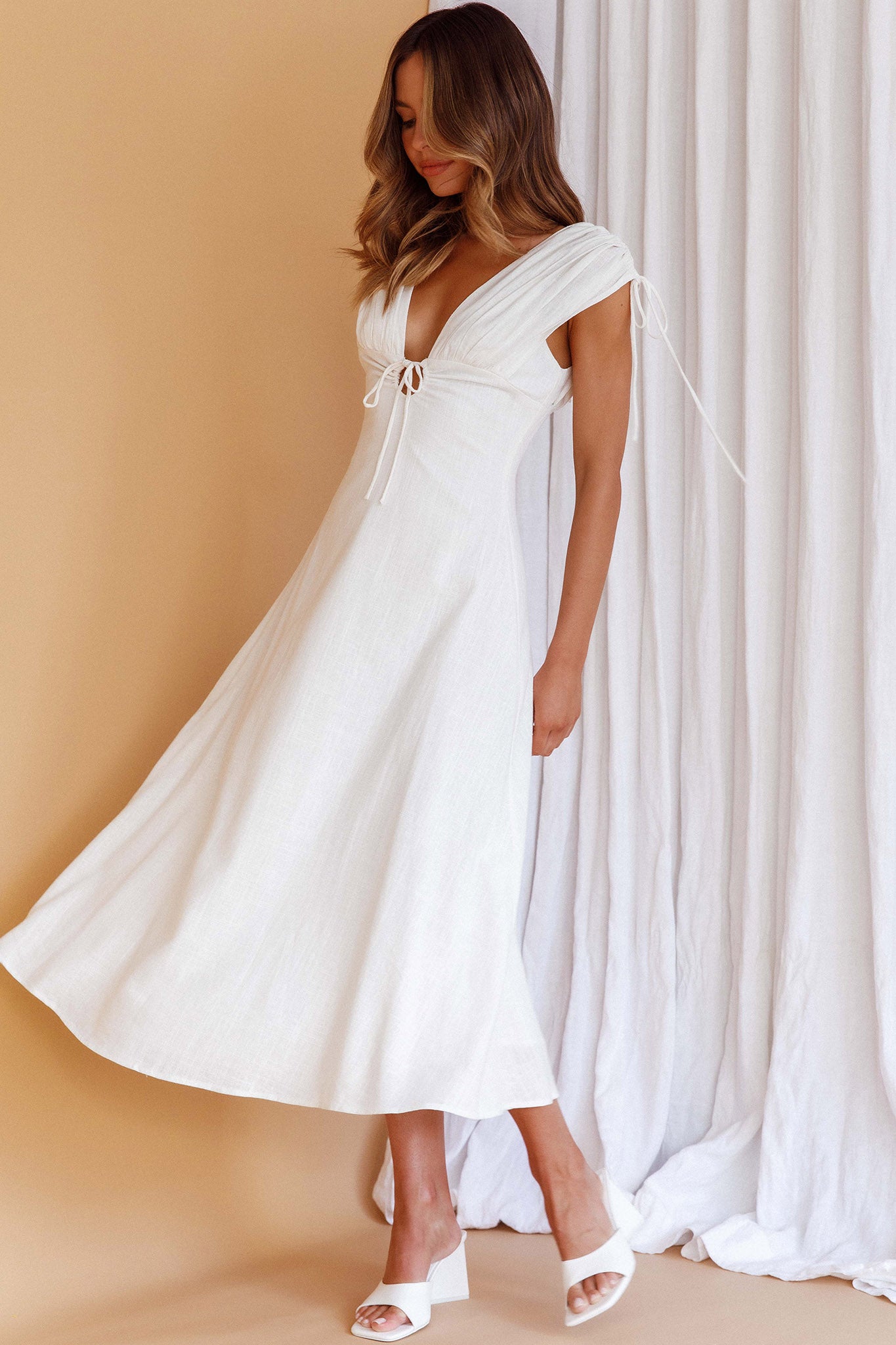Cape Cod Drawstring Accent Midi Dress White-Maymioy