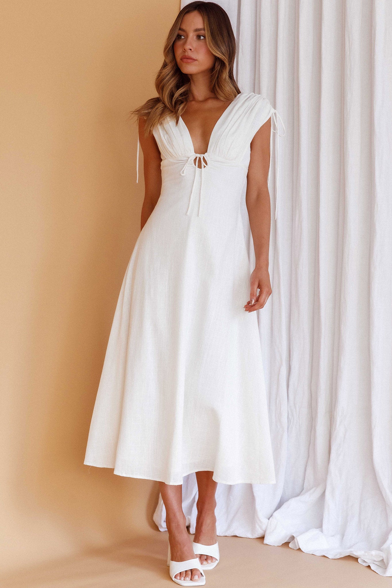 Cape Cod Drawstring Accent Midi Dress White-Maymioy