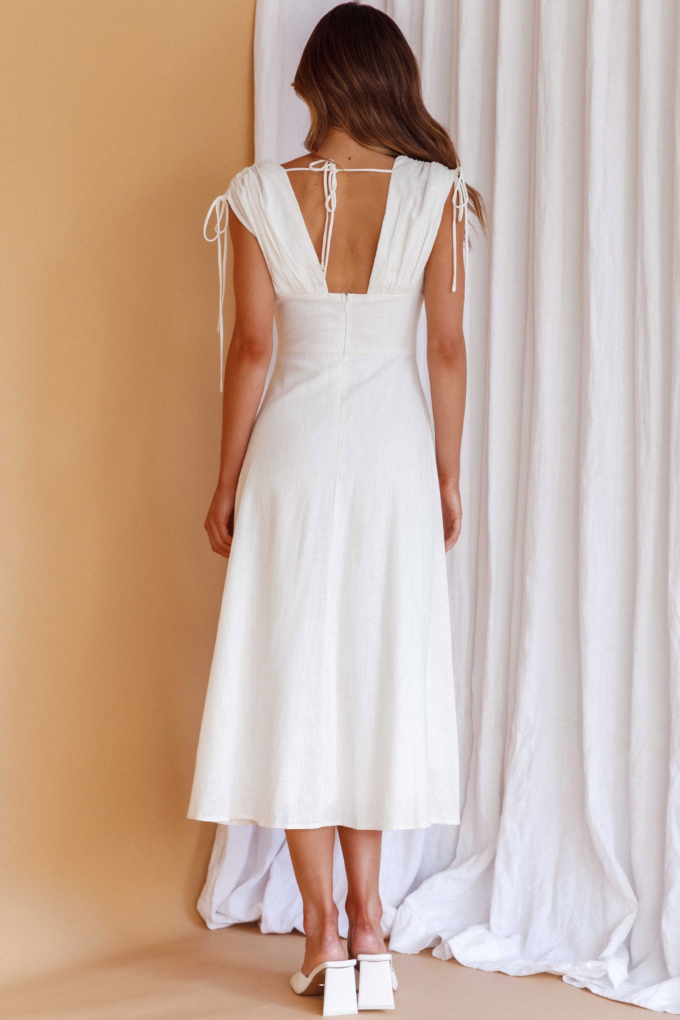 Cape Cod Drawstring Accent Midi Dress White-Maymioy