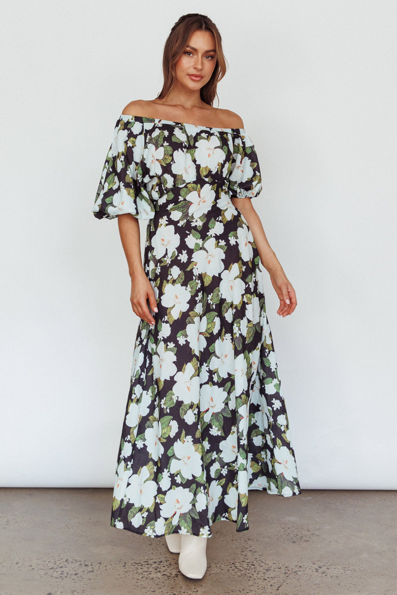 Momentum Off Shoulder Maxi Dress Floral Black-Maymioy