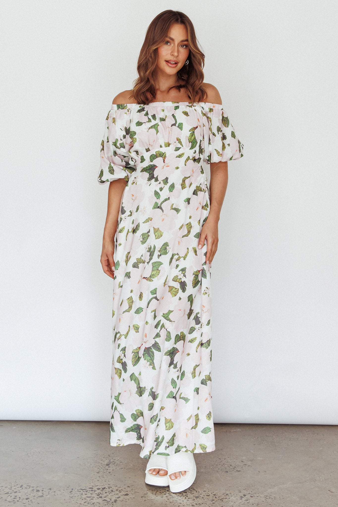 Momentum Off Shoulder Maxi Dress Floral Pink-Maymioy
