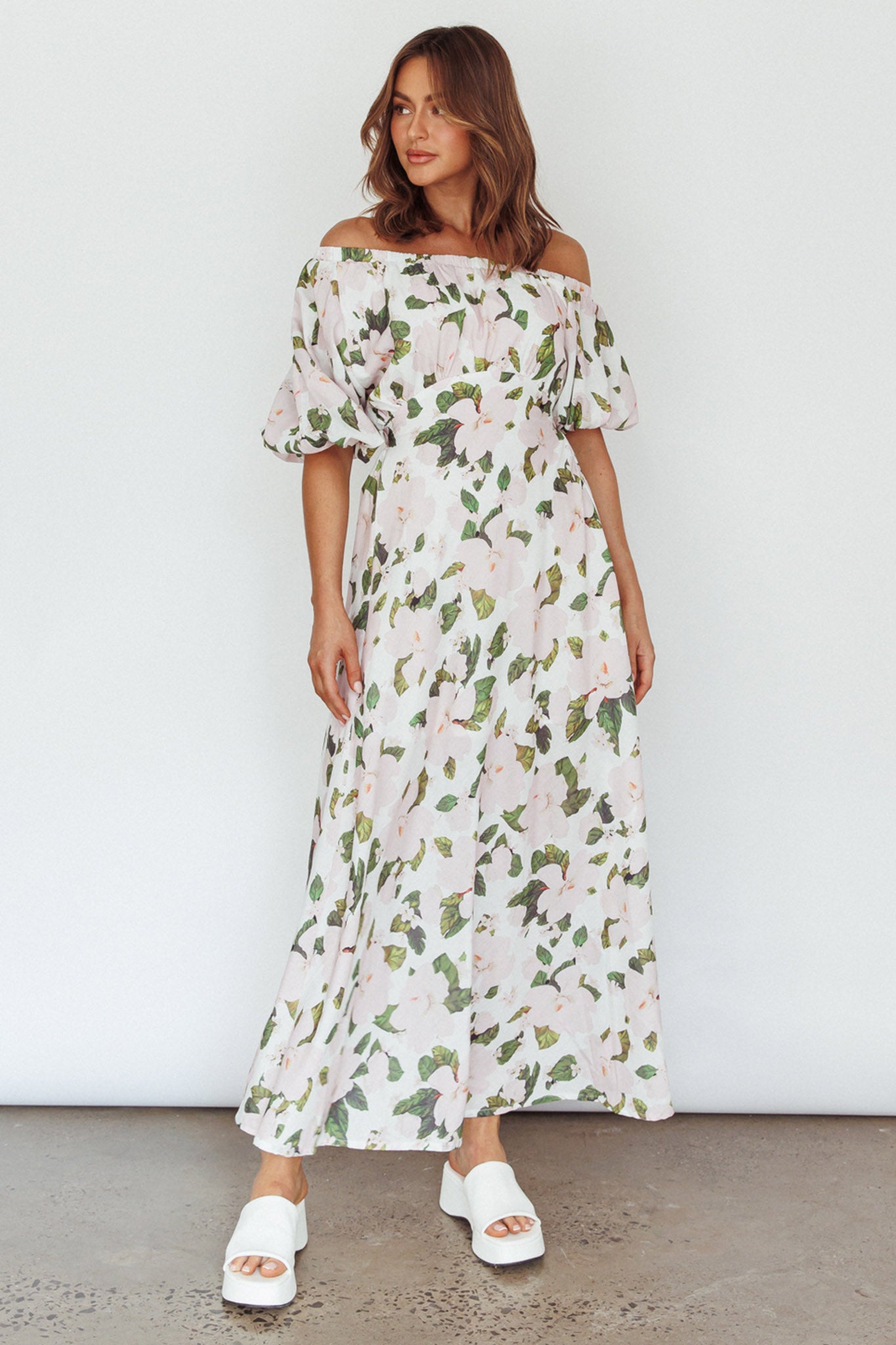 Momentum Off Shoulder Maxi Dress Floral Pink-Maymioy