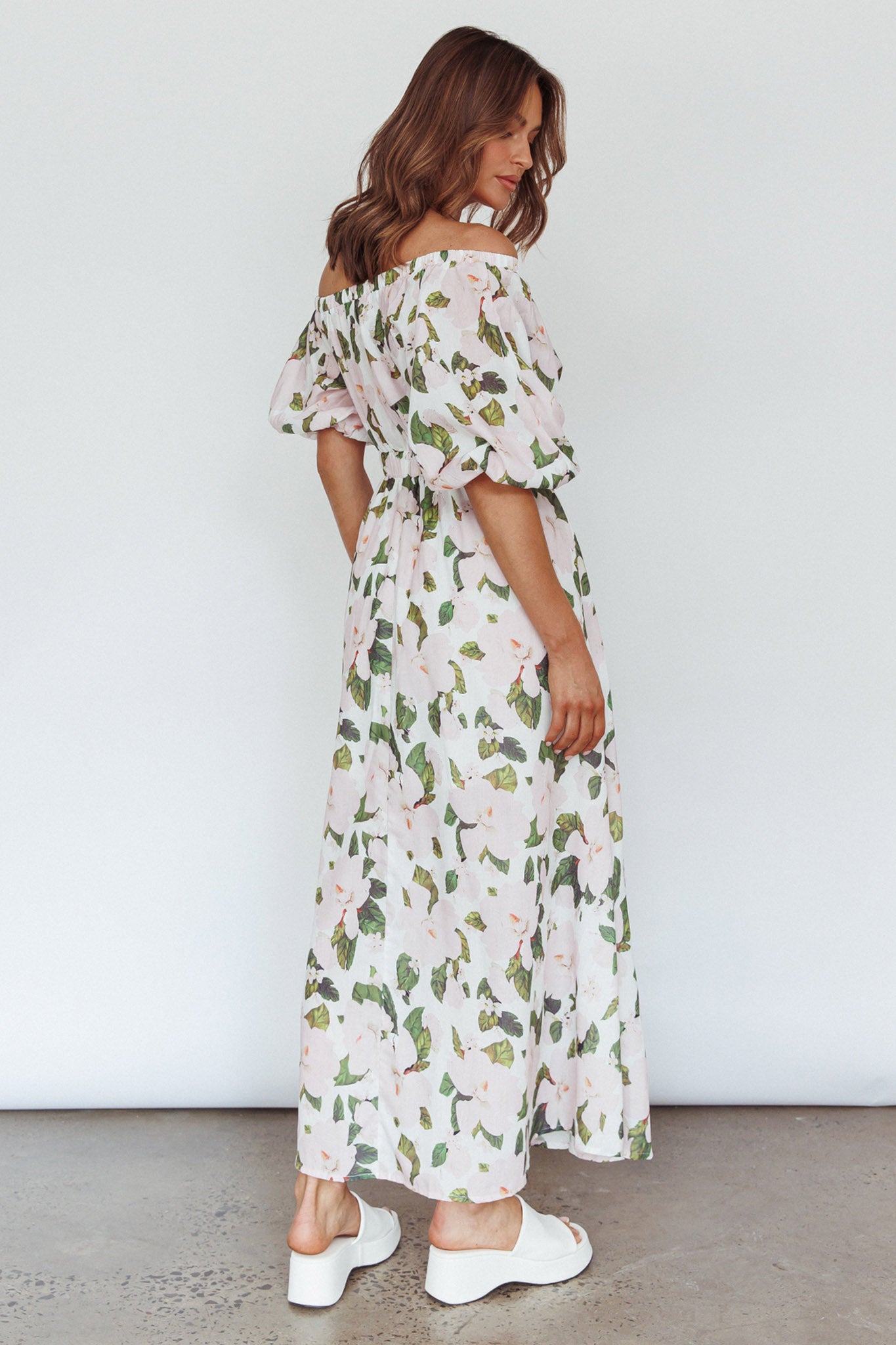 Momentum Off Shoulder Maxi Dress Floral Pink-Maymioy