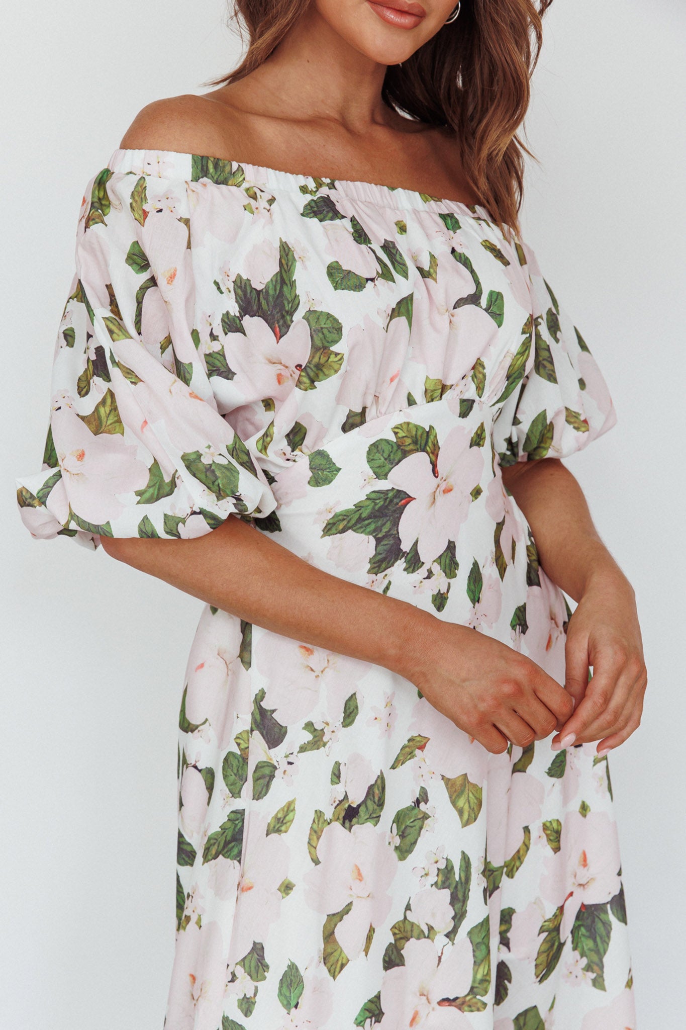 Momentum Off Shoulder Maxi Dress Floral Pink-Maymioy