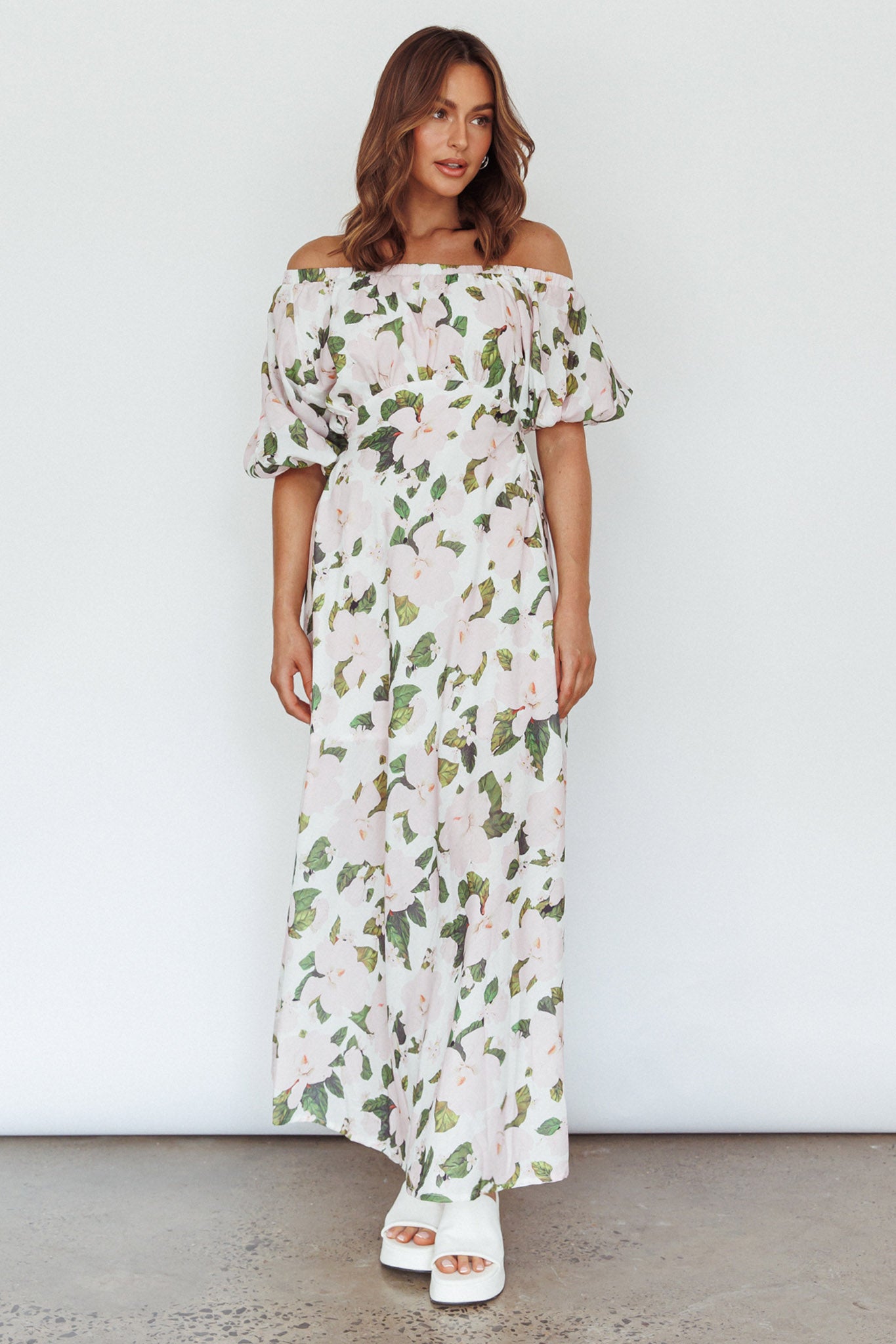 Momentum Off Shoulder Maxi Dress Floral Pink-Maymioy