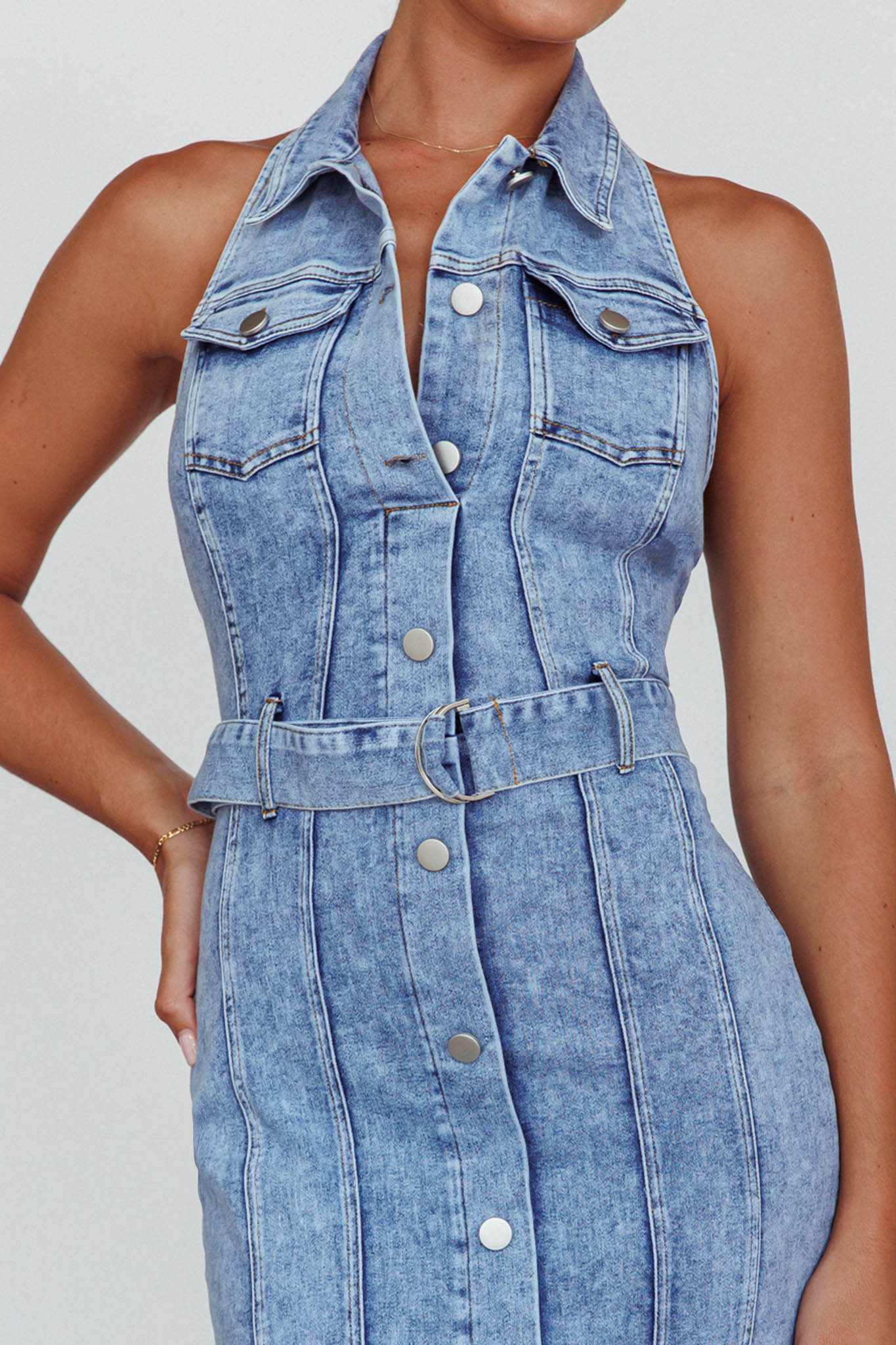 Good To Go Halterneck Midi Dress Denim-Maymioy