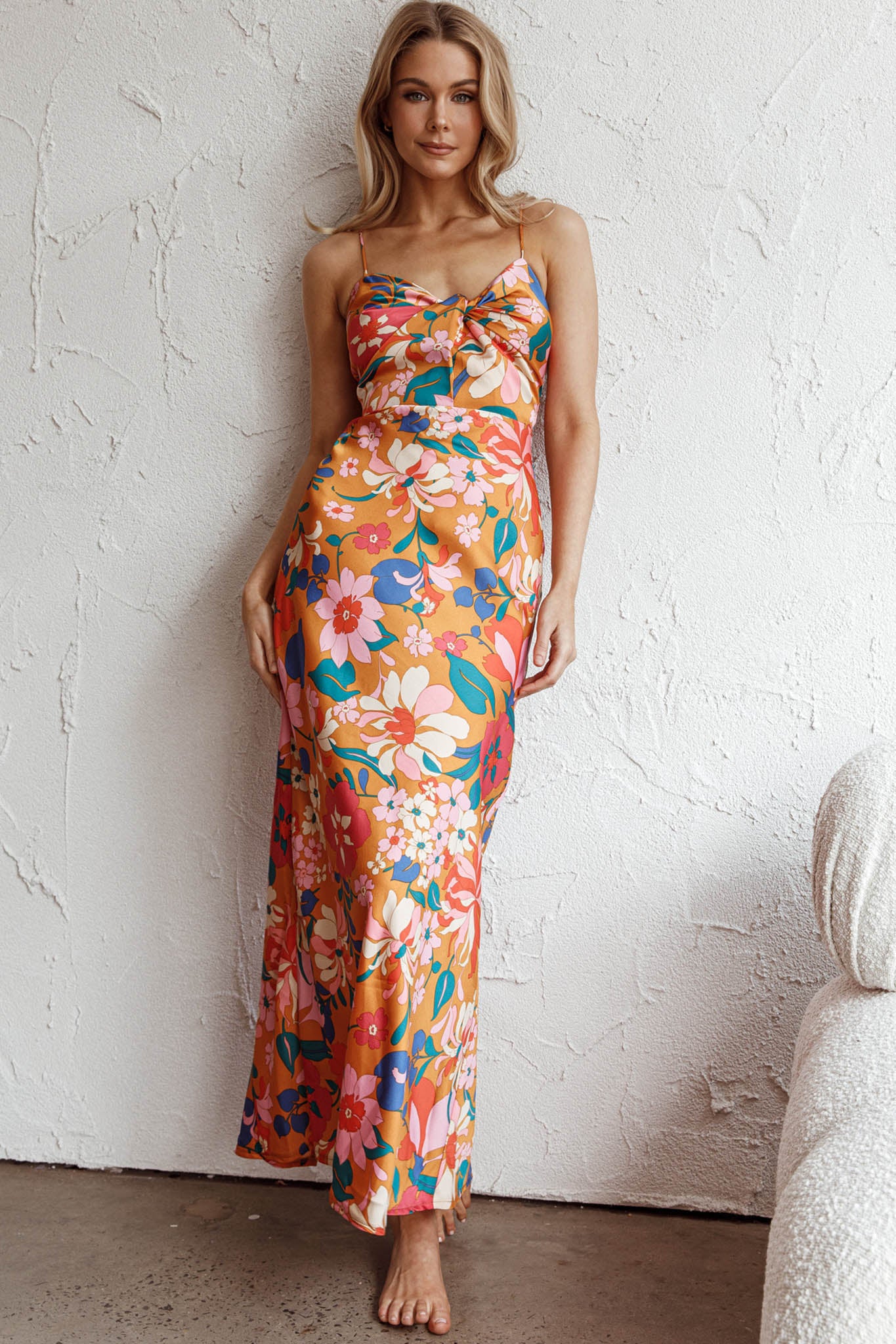 Sea Change Twist Bust Midi Dress Floral Orange-Maymioy