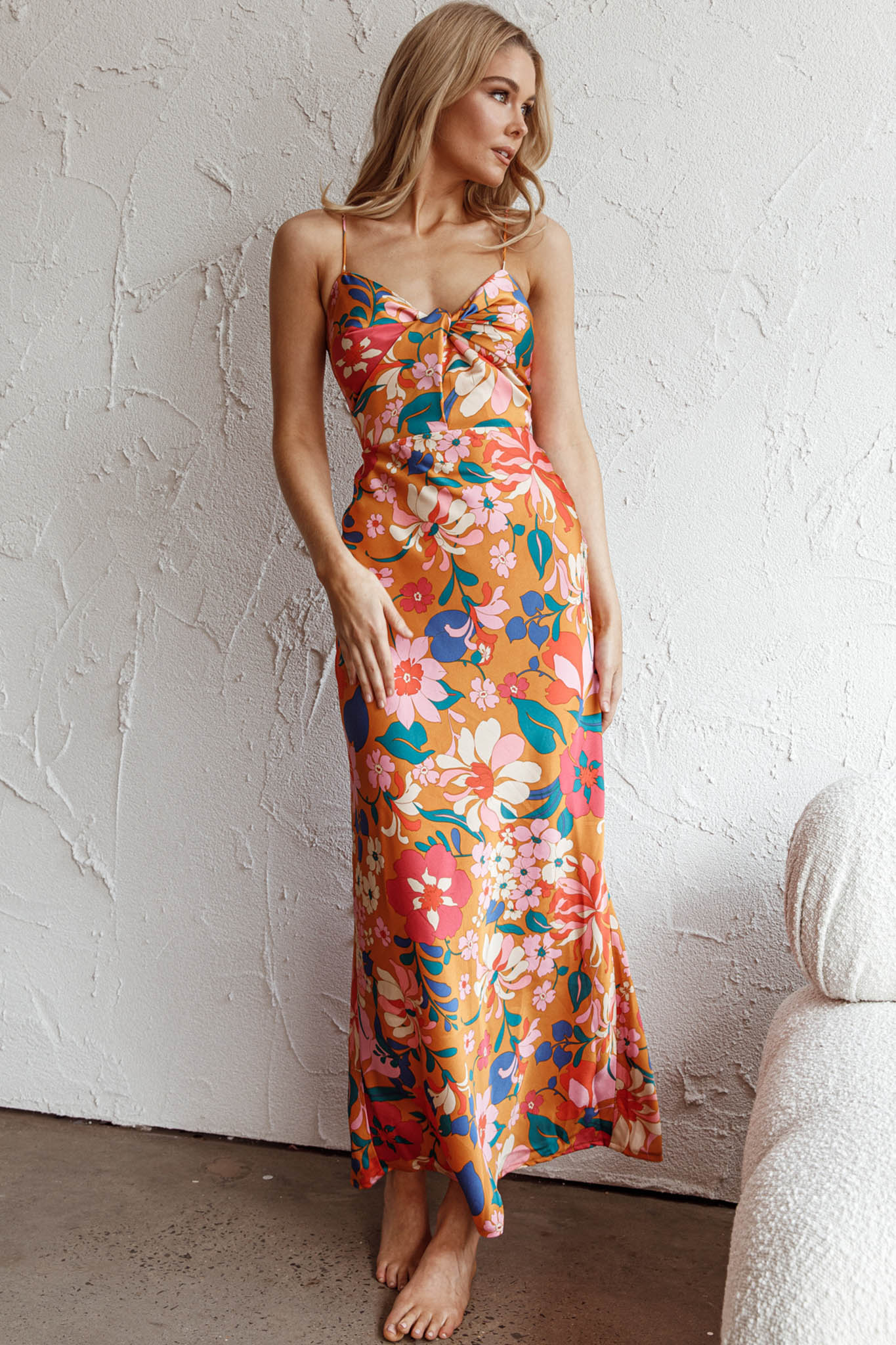 Sea Change Twist Bust Midi Dress Floral Orange-Maymioy