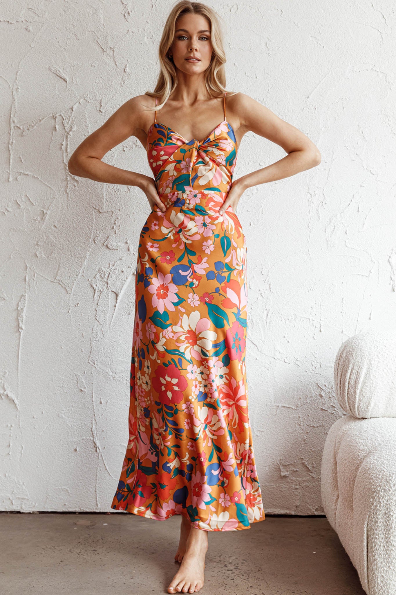 Sea Change Twist Bust Midi Dress Floral Orange-Maymioy