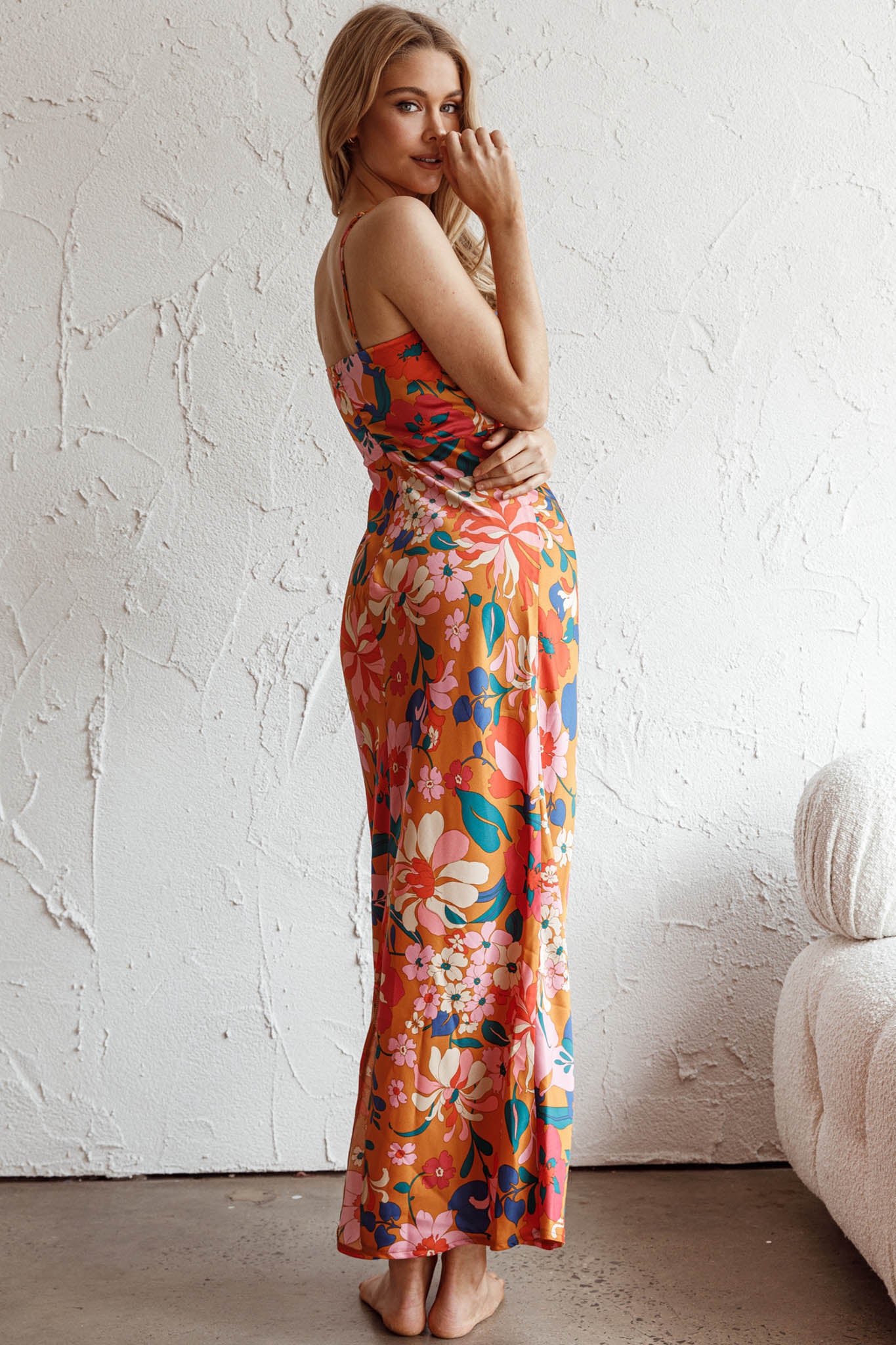 Sea Change Twist Bust Midi Dress Floral Orange-Maymioy