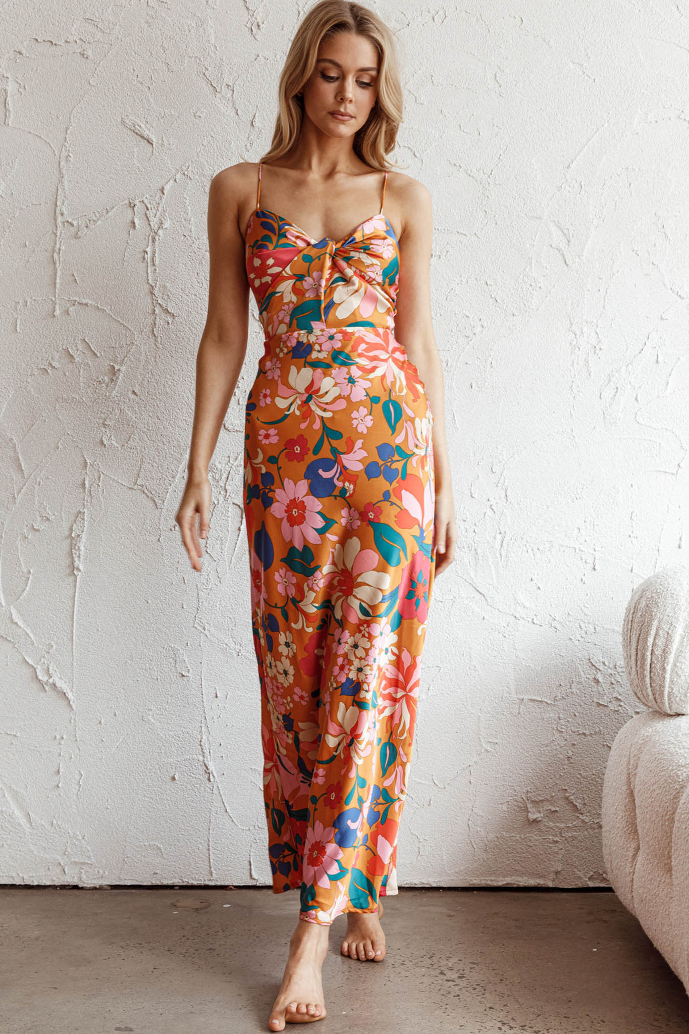 Sea Change Twist Bust Midi Dress Floral Orange-Maymioy