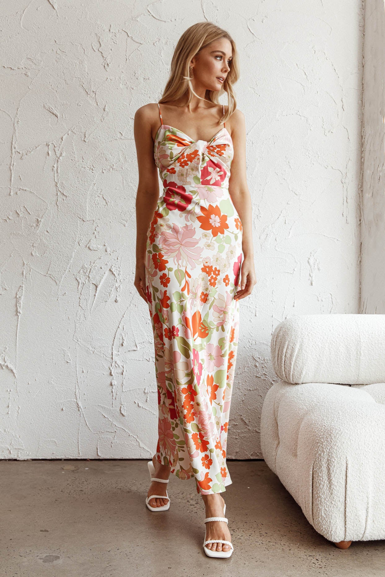Sea Change Twist Bust Midi Dress Floral White-Maymioy