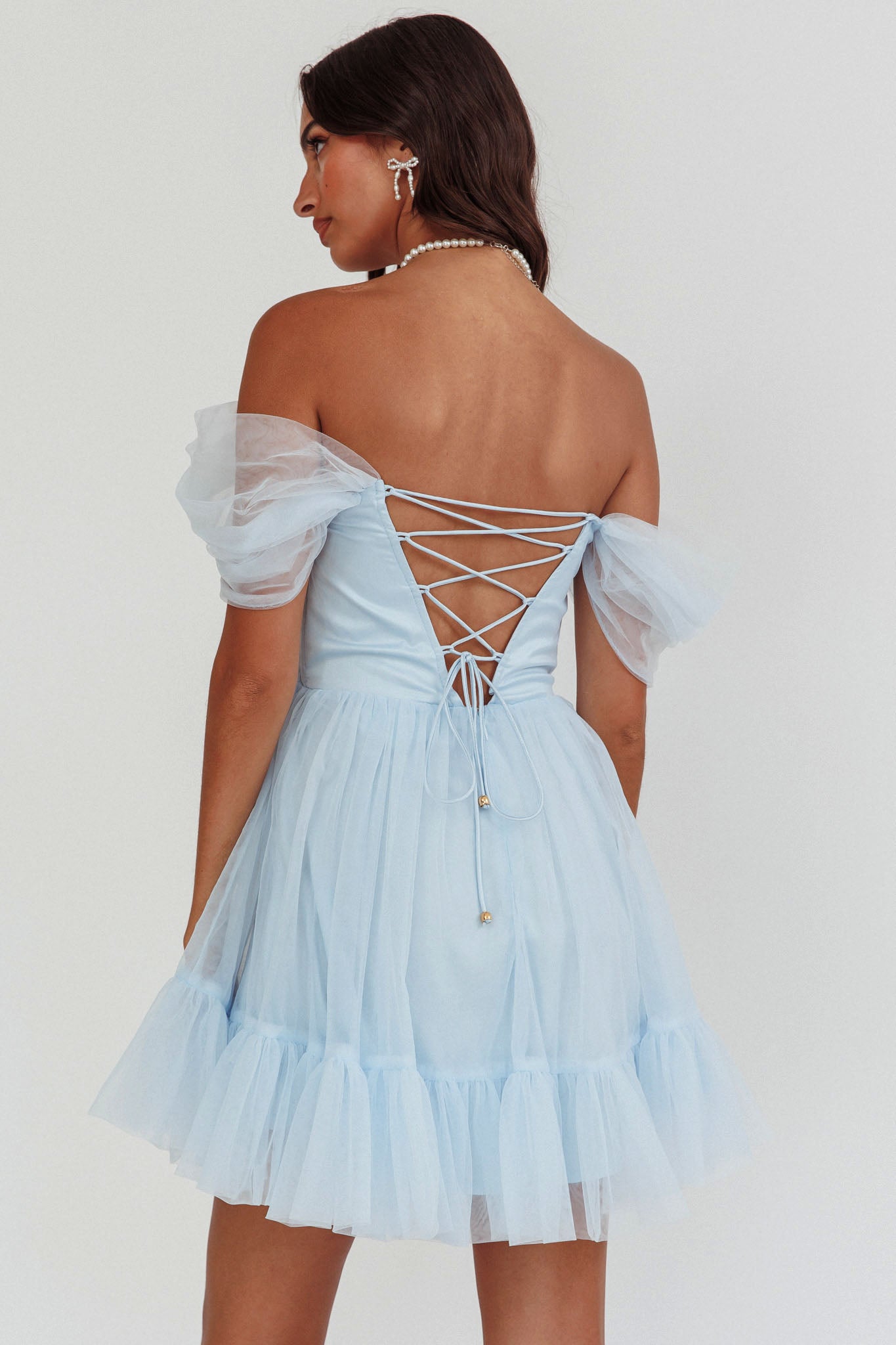 Pixi Off-Shoulder Lace-Up Back Dress Baby Blue-Maymioy
