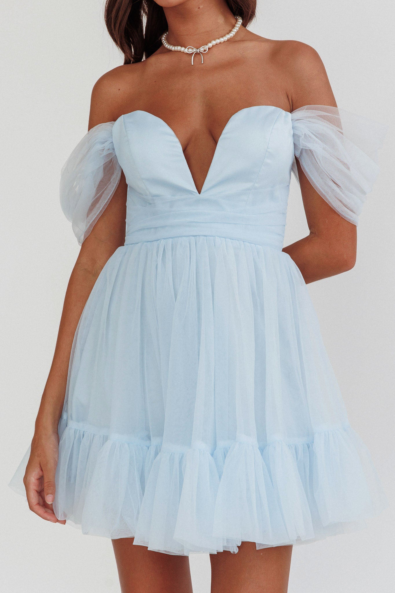 Pixi Off-Shoulder Lace-Up Back Dress Baby Blue-Maymioy