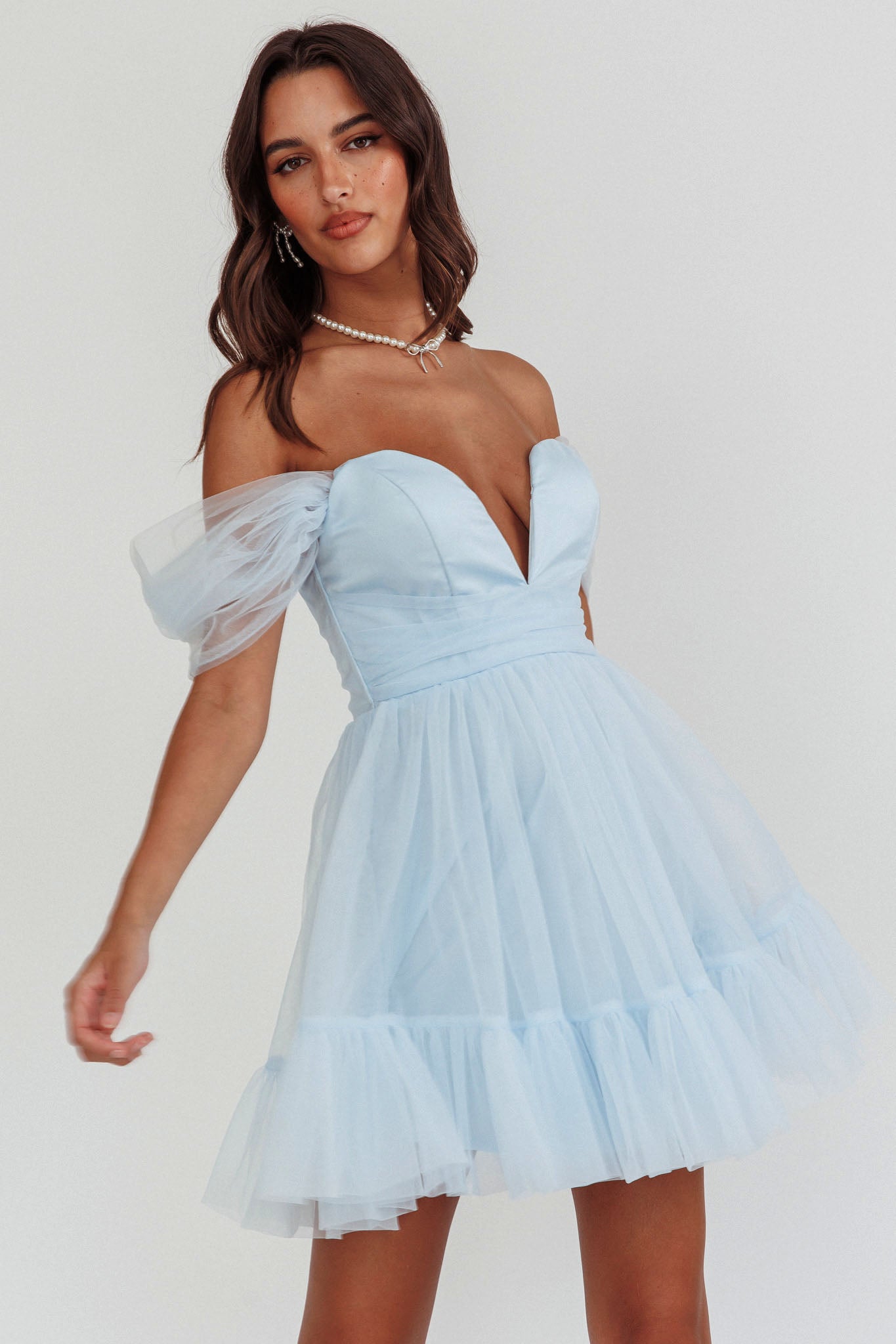 Pixi Off-Shoulder Lace-Up Back Dress Baby Blue-Maymioy