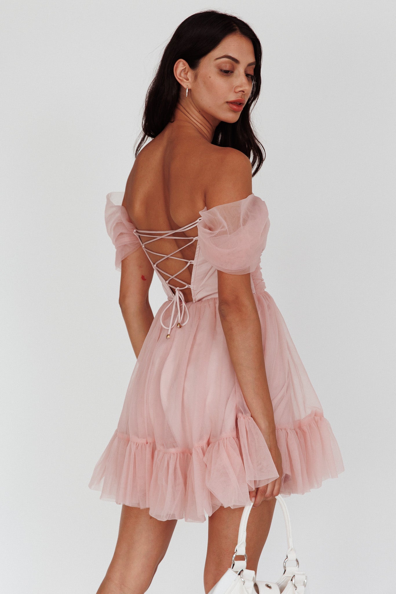 Pixi Off-Shoulder Lace-Up Back Back Dress Pink-Maymioy