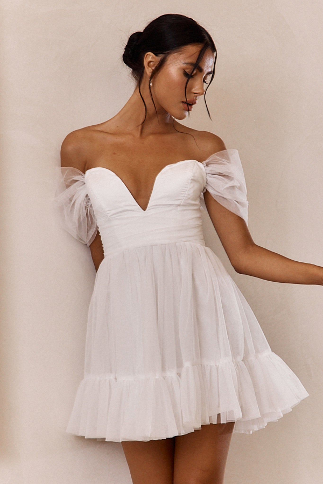 Pixi Off-Shoulder Lace-Up Back Mini Dress White-Maymioy