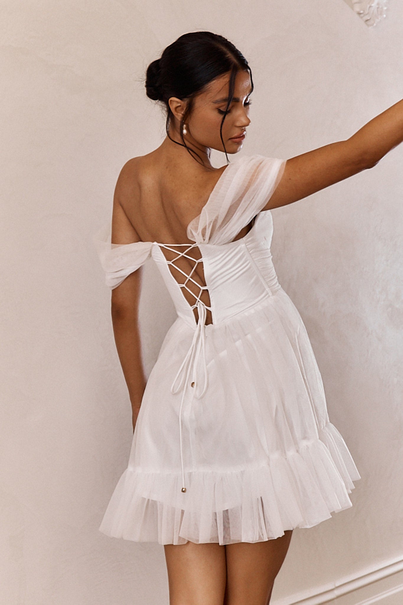 Pixi Off-Shoulder Lace-Up Back Mini Dress White-Maymioy