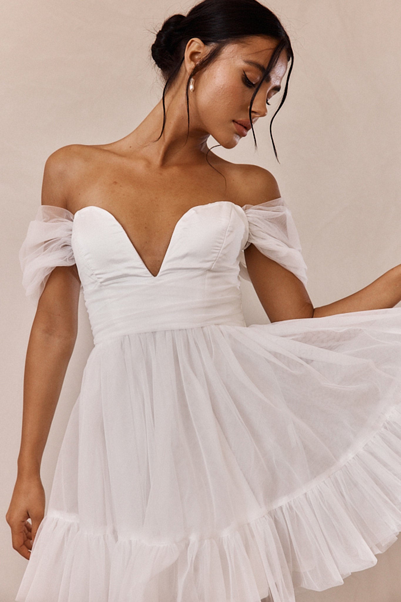 Pixi Off-Shoulder Lace-Up Back Mini Dress White-Maymioy