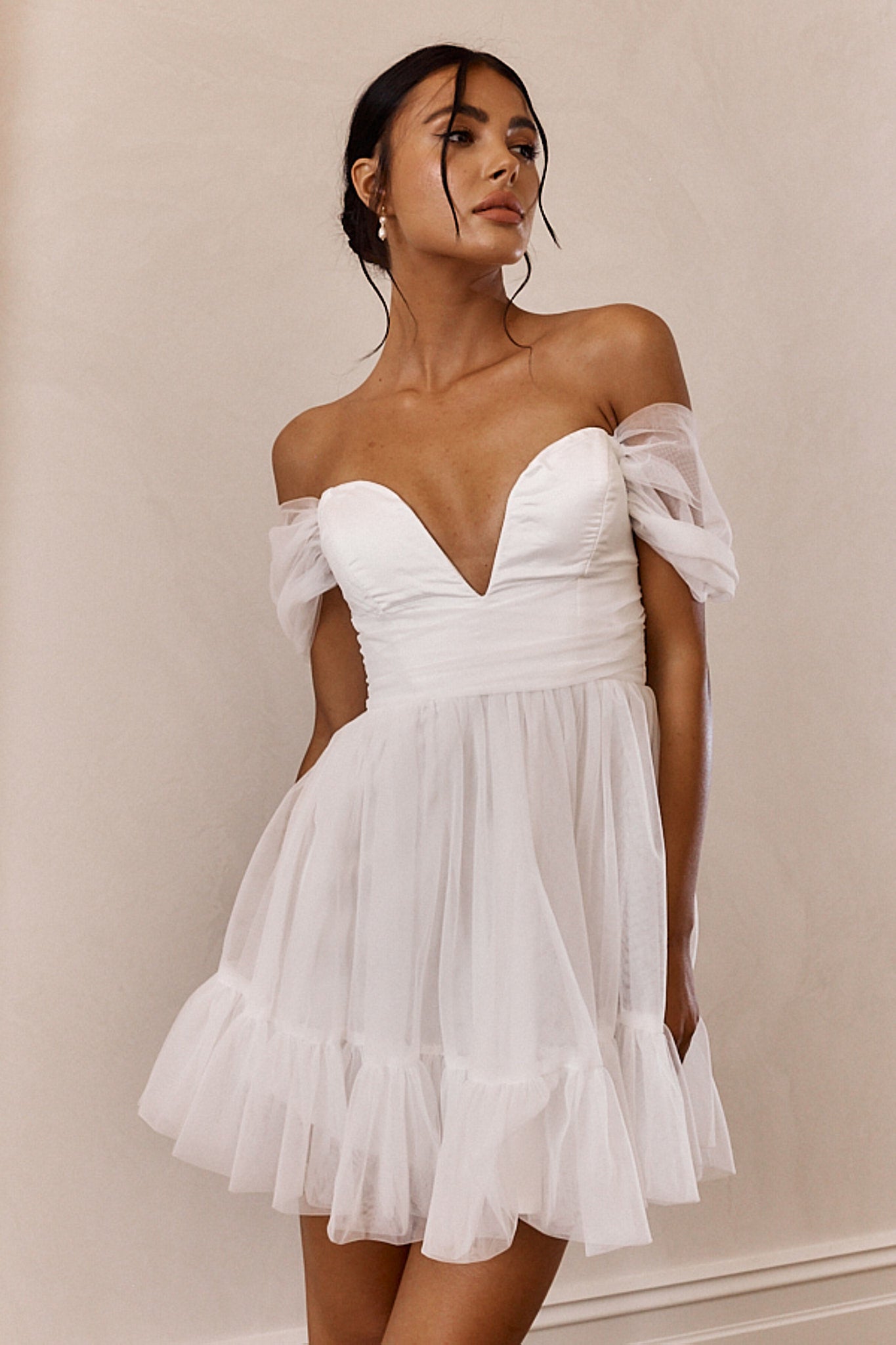 Pixi Off-Shoulder Lace-Up Back Mini Dress White-Maymioy