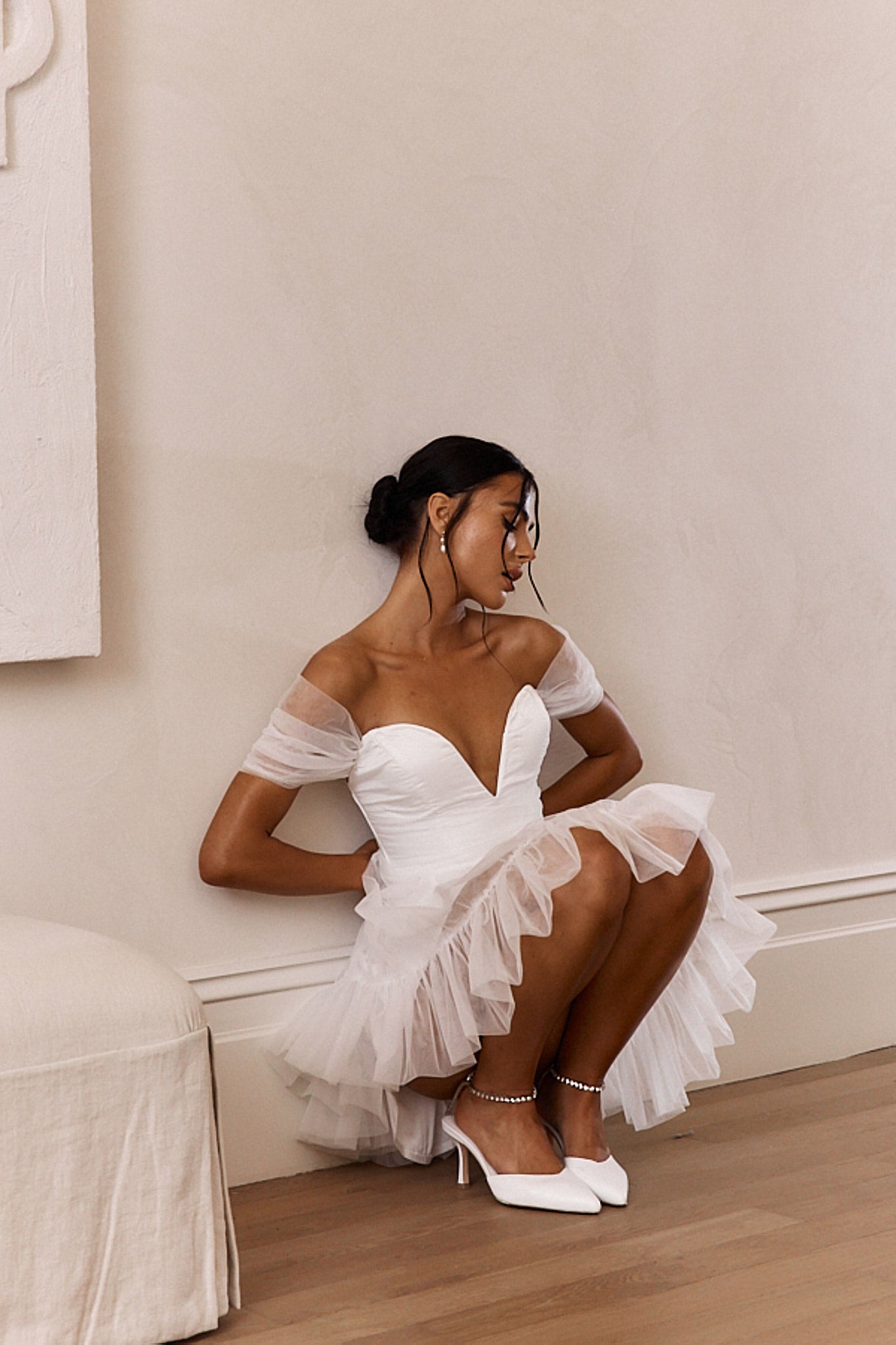 Pixi Off-Shoulder Lace-Up Back Mini Dress White-Maymioy