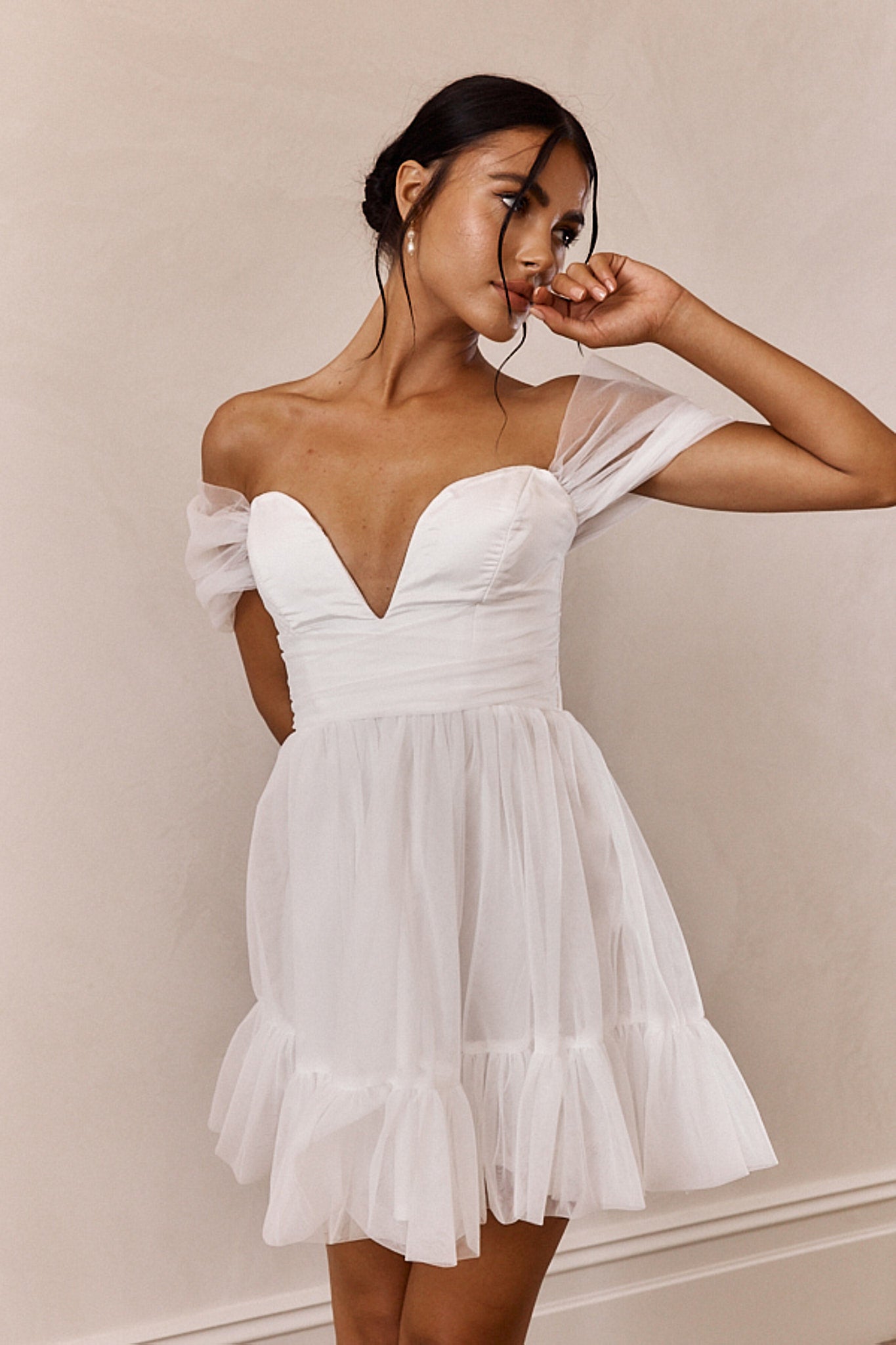 Pixi Off-Shoulder Lace-Up Back Mini Dress White-Maymioy