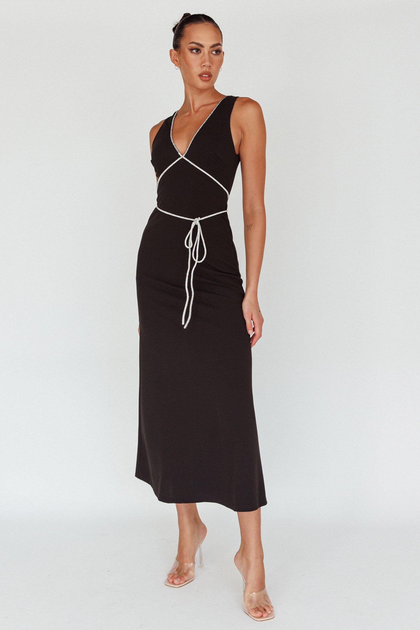 Del Sol Diamante Rope Maxi Dress Black-Maymioy