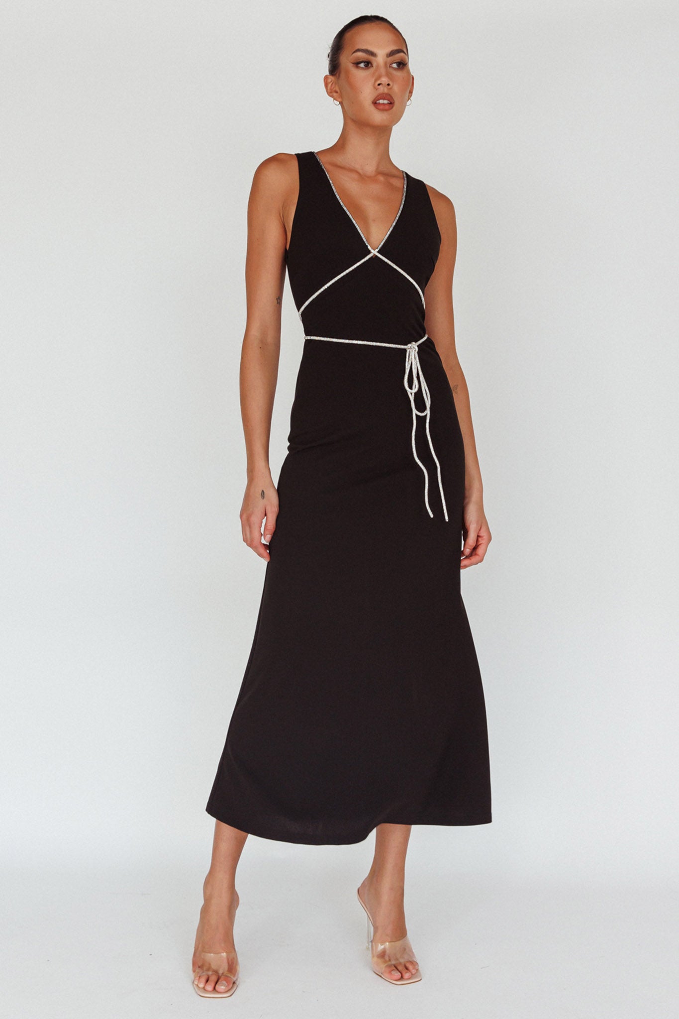 Del Sol Diamante Rope Maxi Dress Black-Maymioy