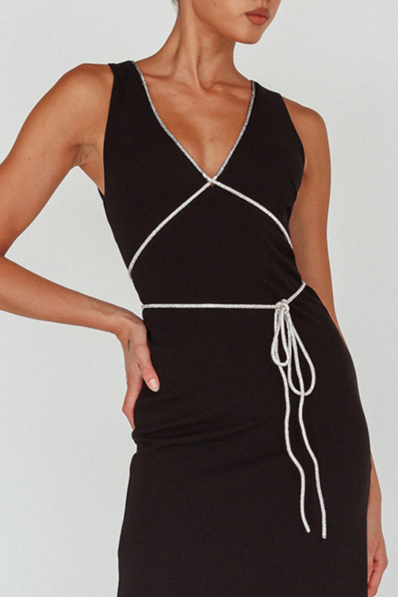 Del Sol Diamante Rope Maxi Dress Black-Maymioy