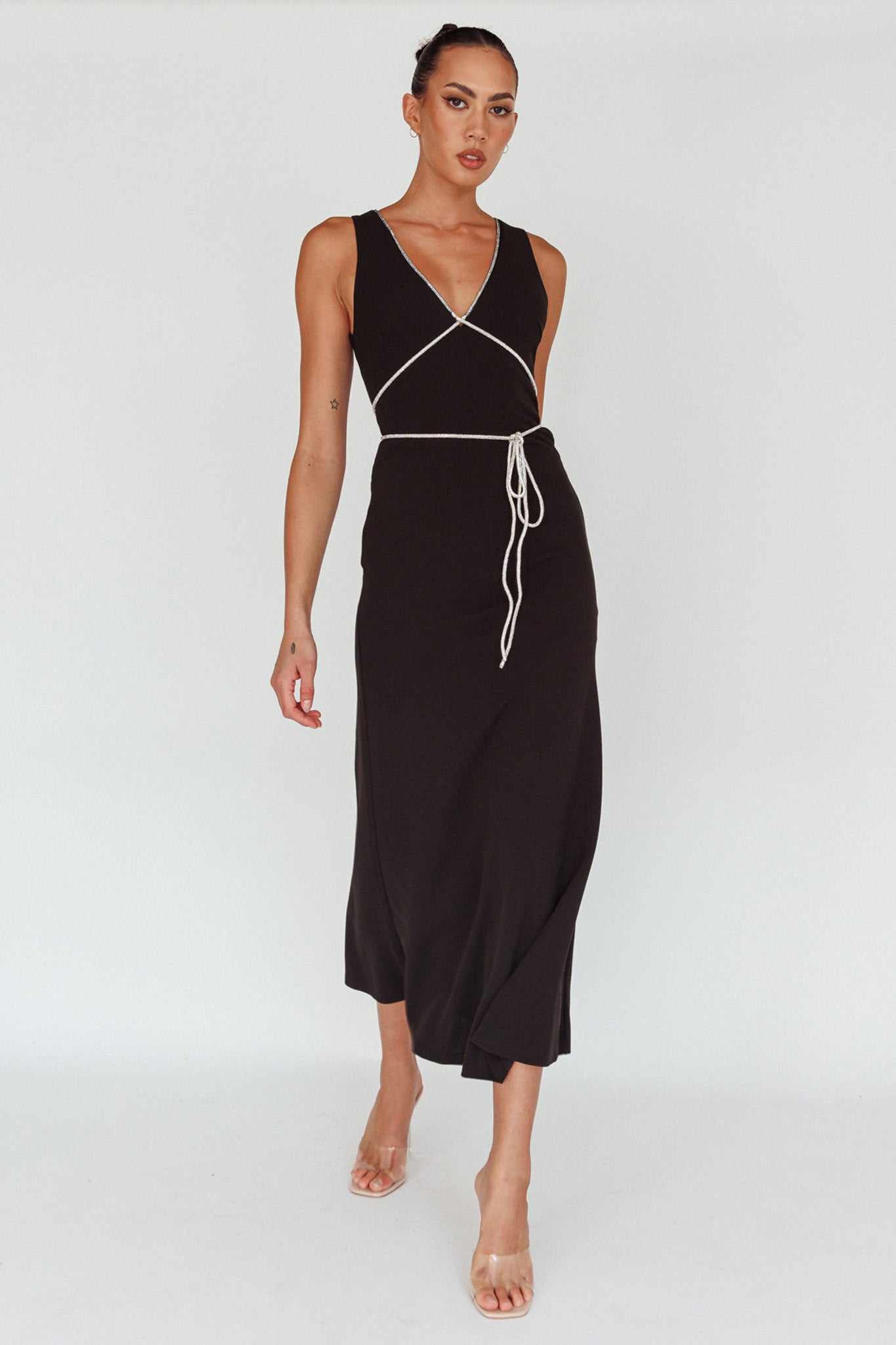 Del Sol Diamante Rope Maxi Dress Black-Maymioy