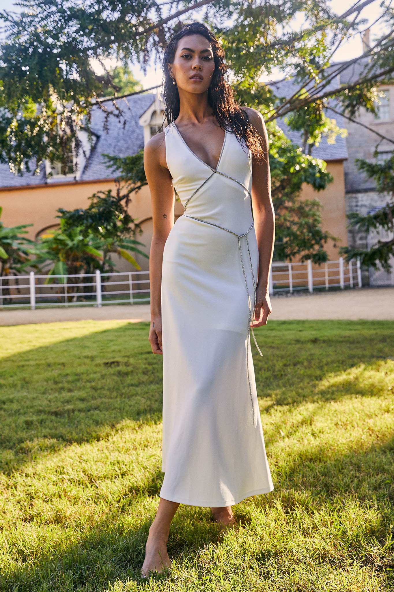 Del Sol Diamante Rope Maxi Dress White-Maymioy