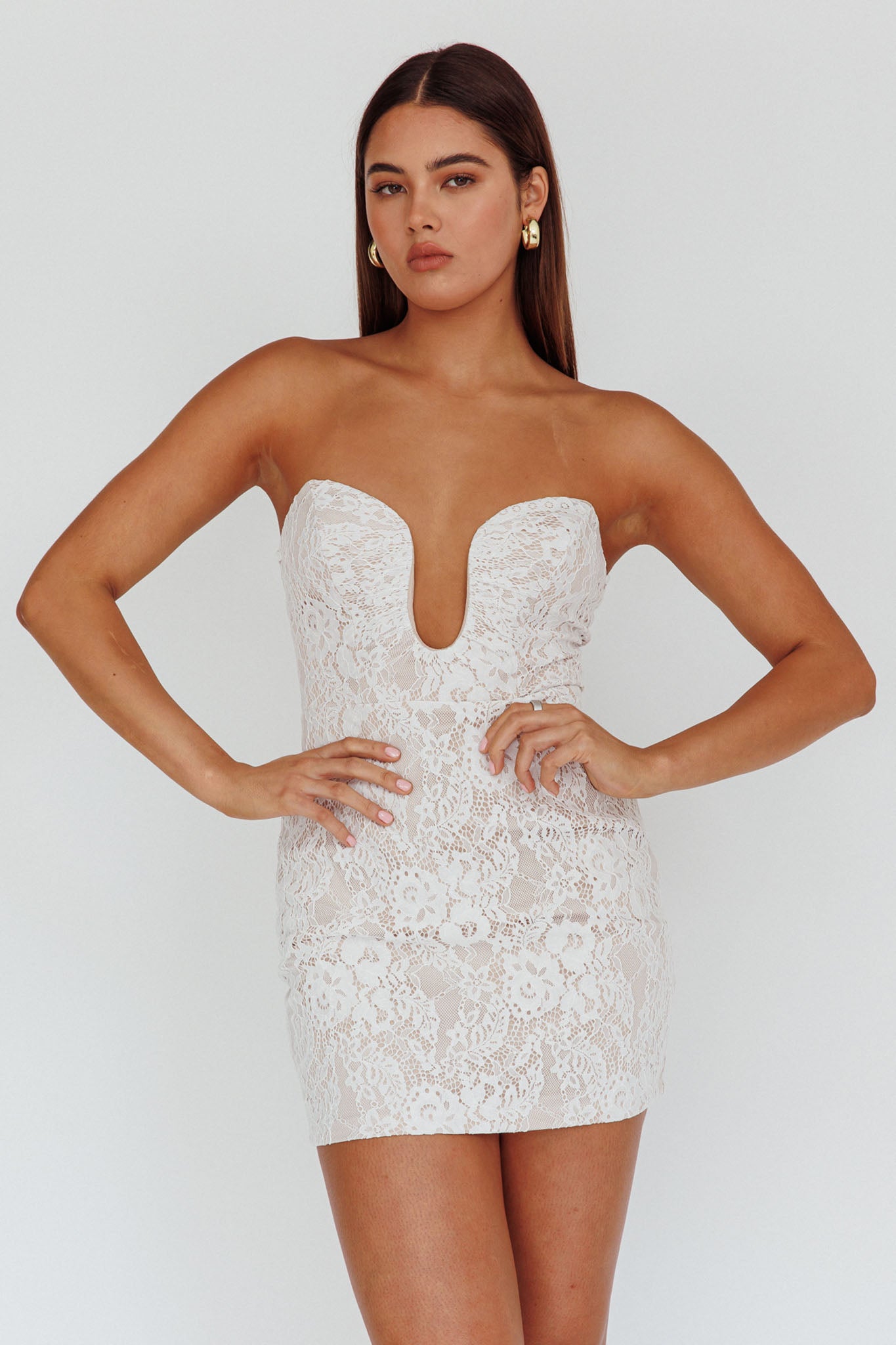 Nouveau U-Neckline Mini Dress Lace White-Maymioy