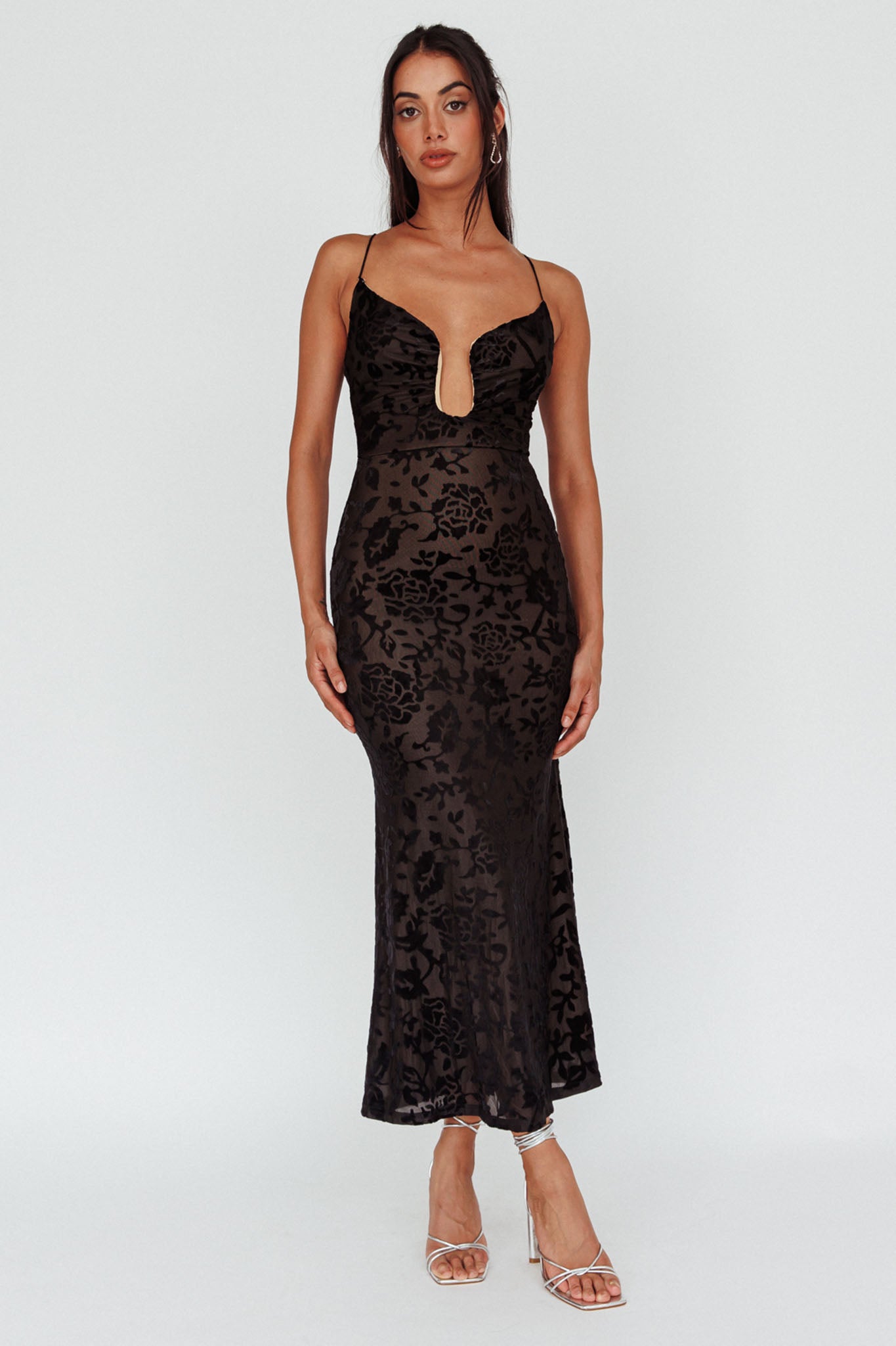 Nouveau U-Neckline Midi Dress Floral Black-Maymioy