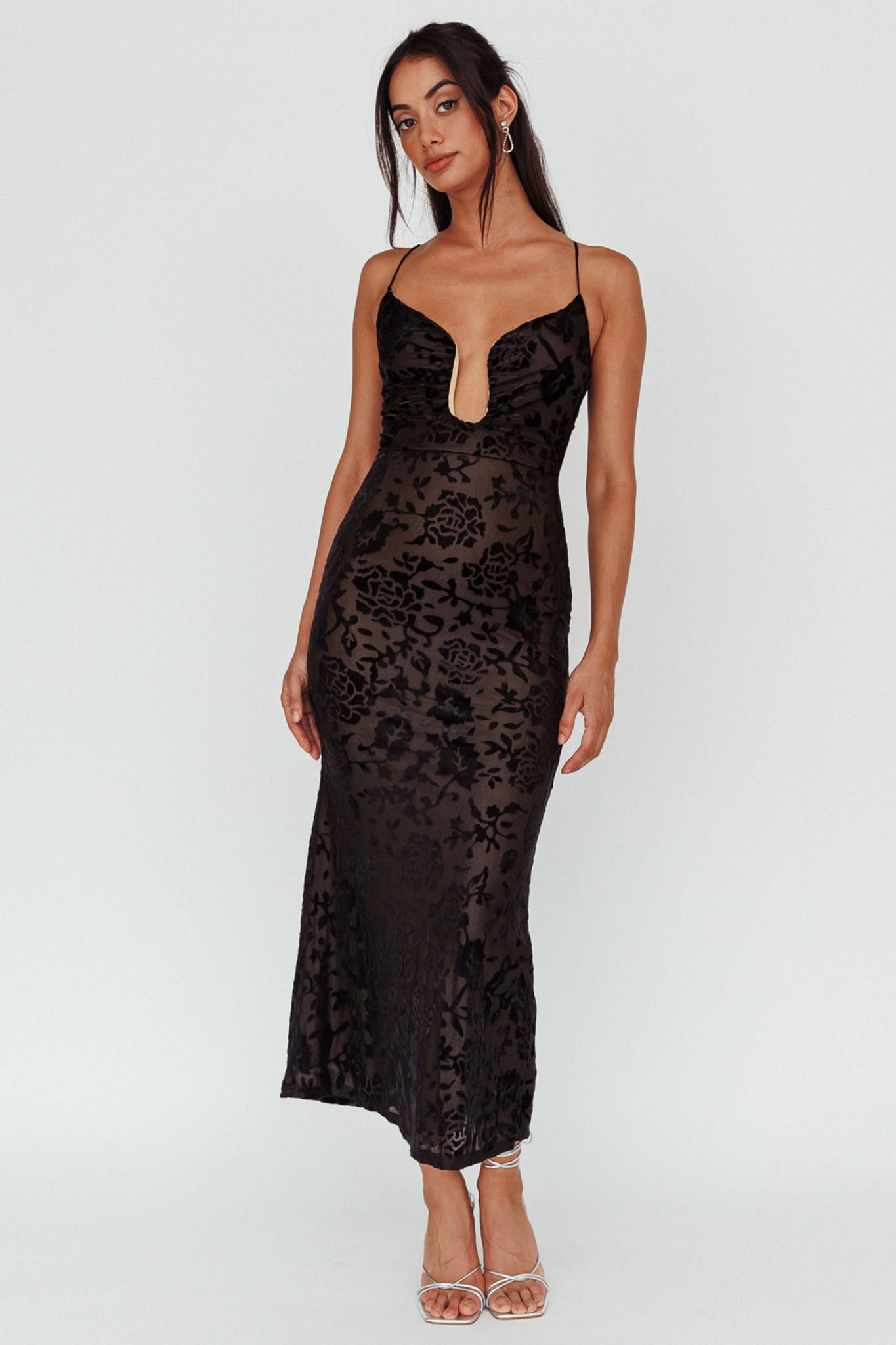 Nouveau U-Neckline Midi Dress Floral Black-Maymioy