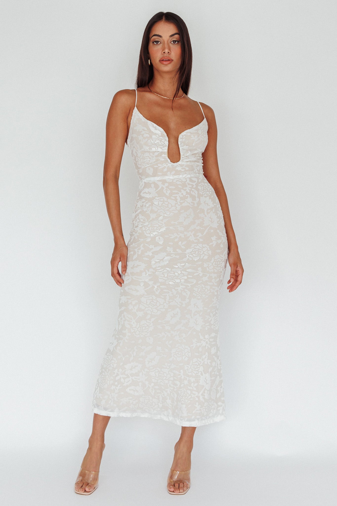 Nouveau U-Neckline Midi Dress Floral White-Maymioy