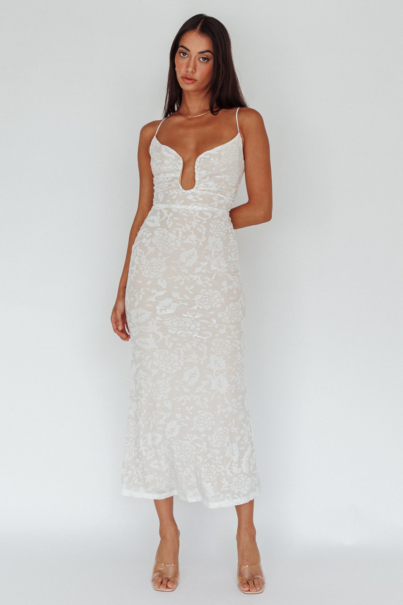 Nouveau U-Neckline Midi Dress Floral White-Maymioy