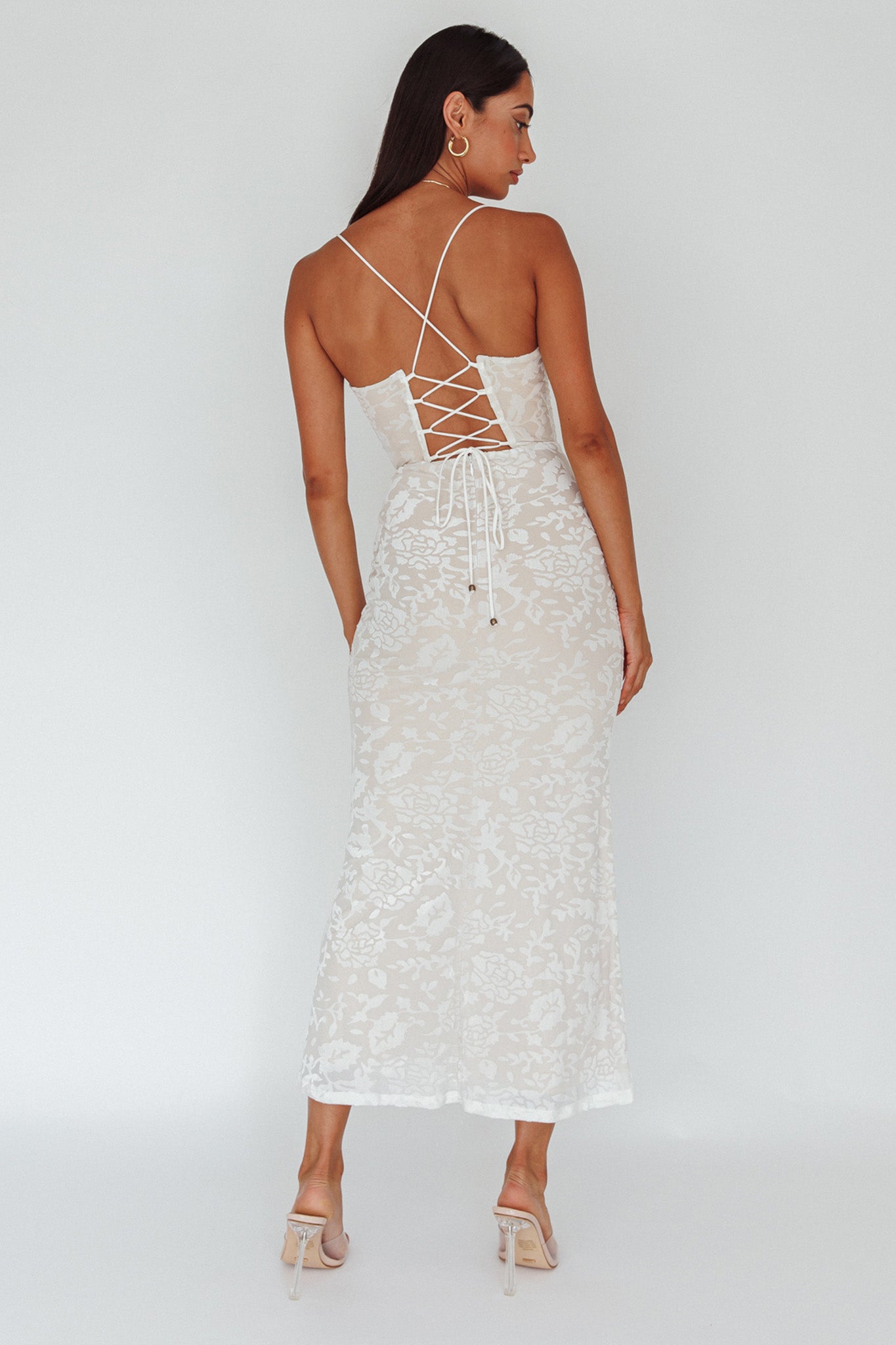 Nouveau U-Neckline Midi Dress Floral White-Maymioy